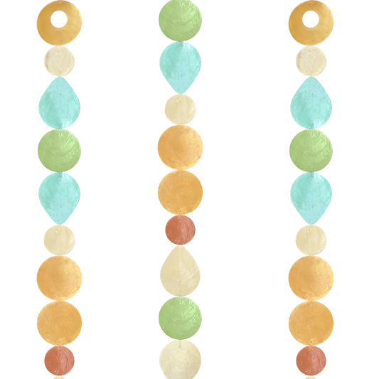 Capiz Shell Strands Patio Garden and Doorway Decoration featuring a vibrant mix of turquoise blue, green, apricot, and ivory hues, designed for enhancing outdoor spaces with a tropical flair.