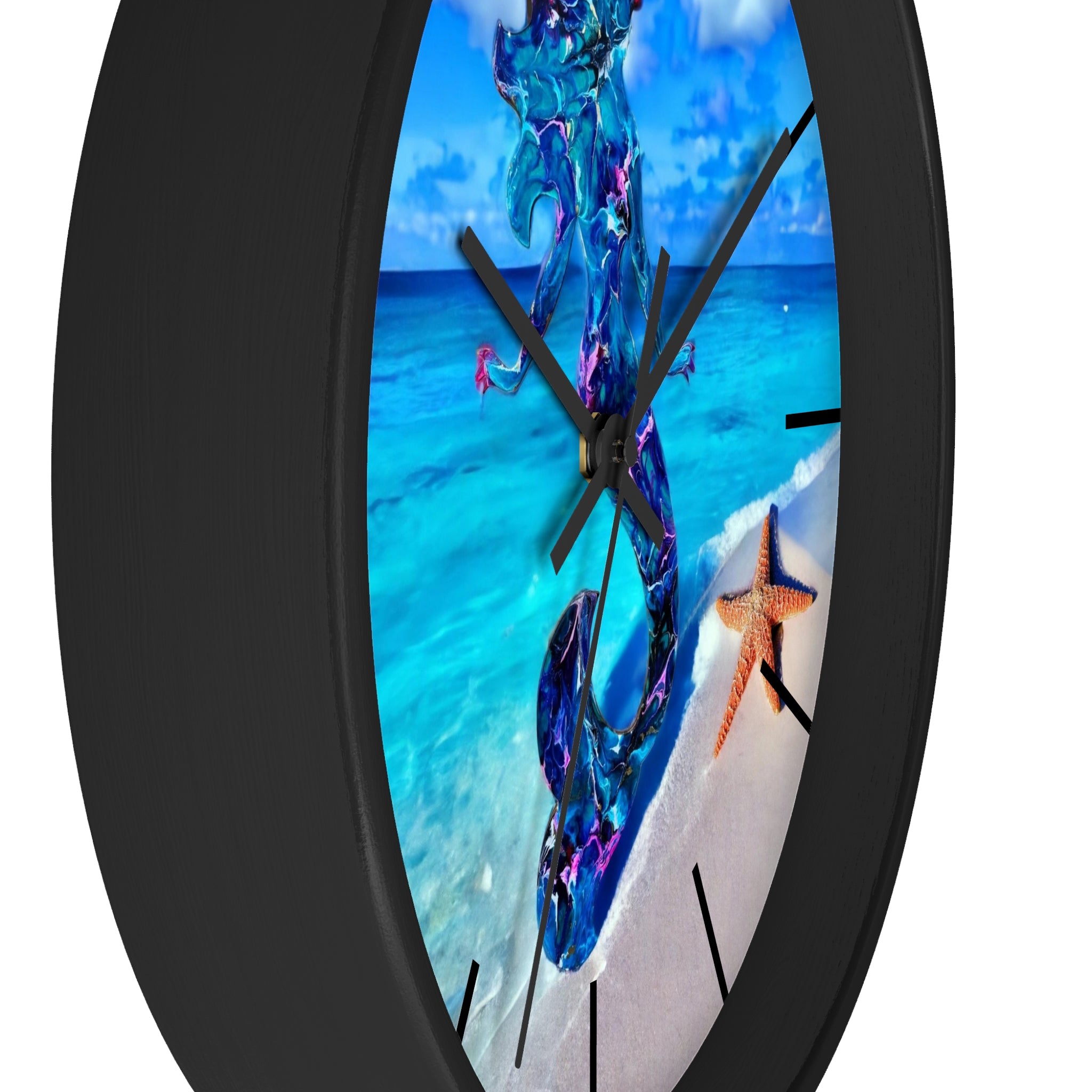Detailed shot of a beautifully crafted wall clock featuring handmade resin art on wood, showcasing a mermaid and starfish in a coastal setting.