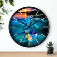 Load image into Gallery viewer, Artistic wall clock with a serene sunset backdrop and flowing mermaid, combining nature with handmade resin on wood style.