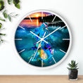 Load image into Gallery viewer, Side view of the printed mermaid at sunset wall clock, emphasizing the quality of the handmade resin on wood and its silent clock mechanism.
