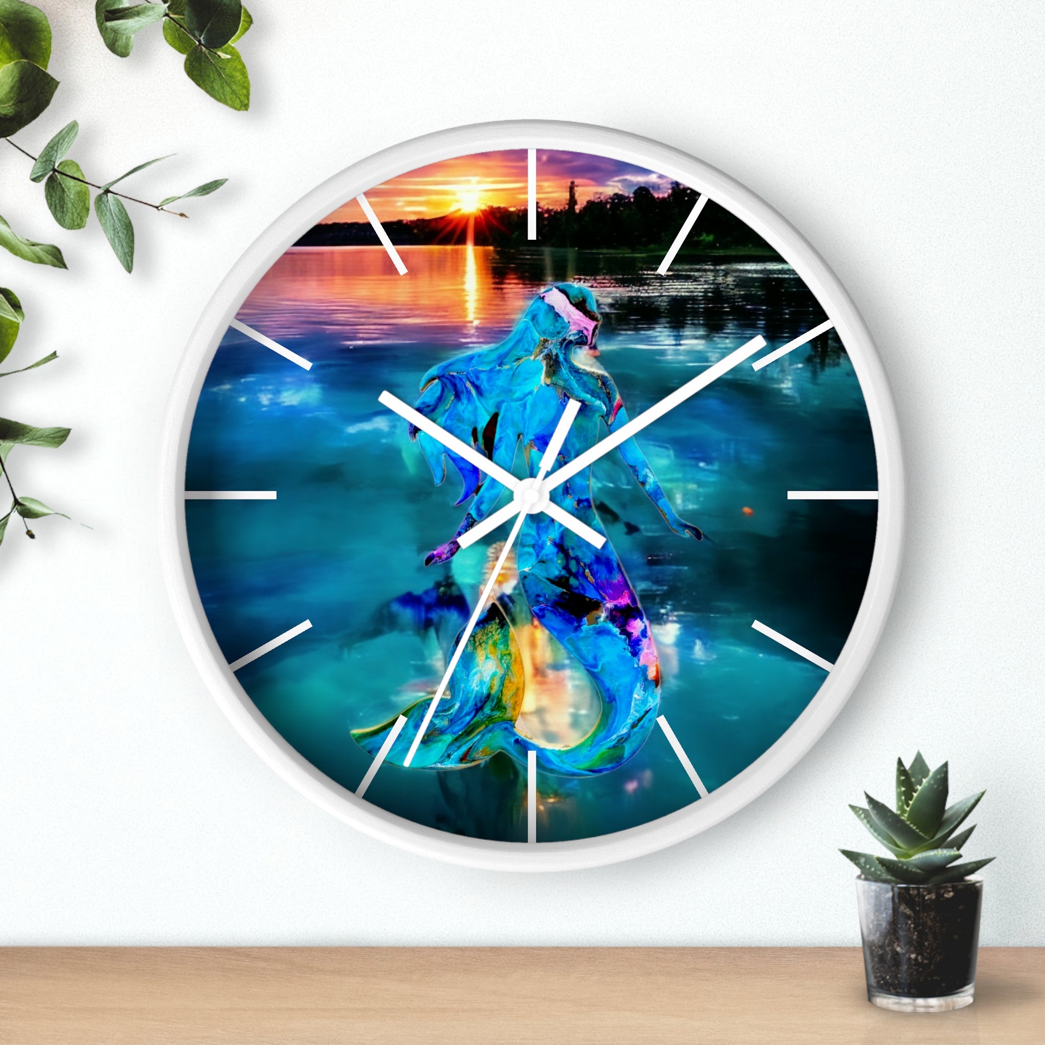 Side view of the printed mermaid at sunset wall clock, emphasizing the quality of the handmade resin on wood and its silent clock mechanism.