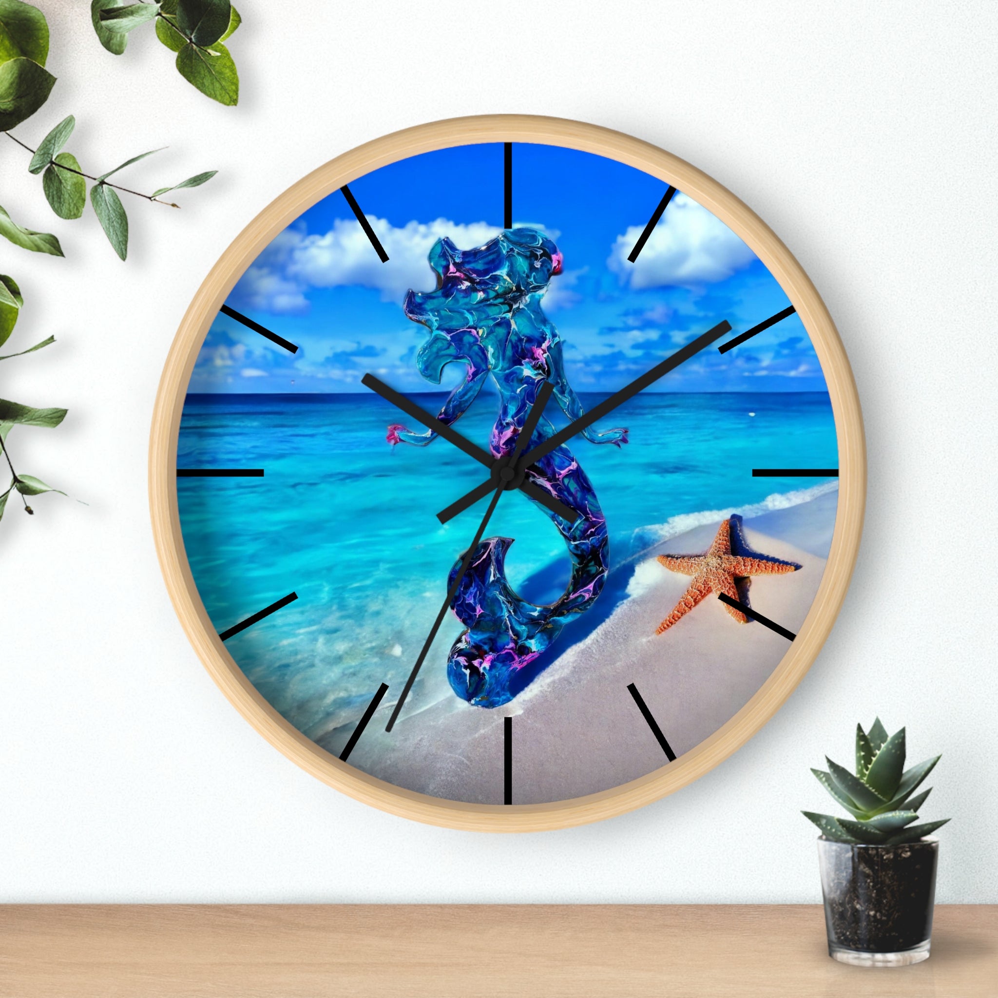 Close-up view of the intricate handmade resin design on wood, showcasing a stunning mermaid and starfish art on a decorative wall clock.
