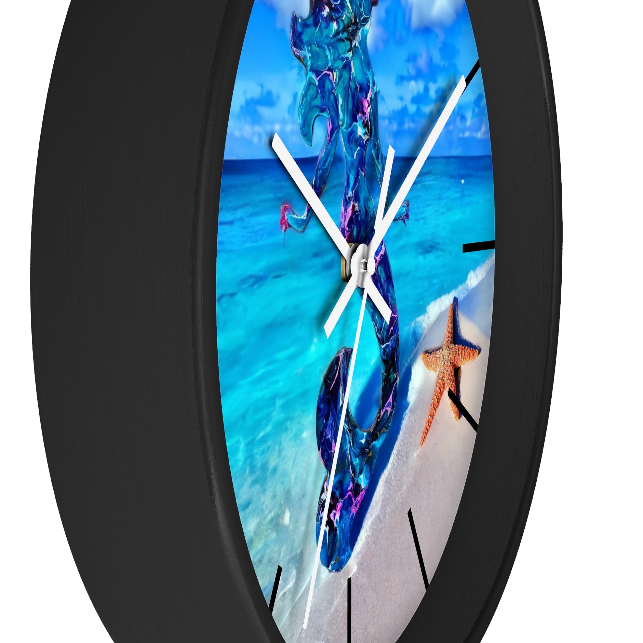 Close-up view of a handcrafted wall clock showing a vibrant image of handmade resin artwork on wood with tropical beach elements.