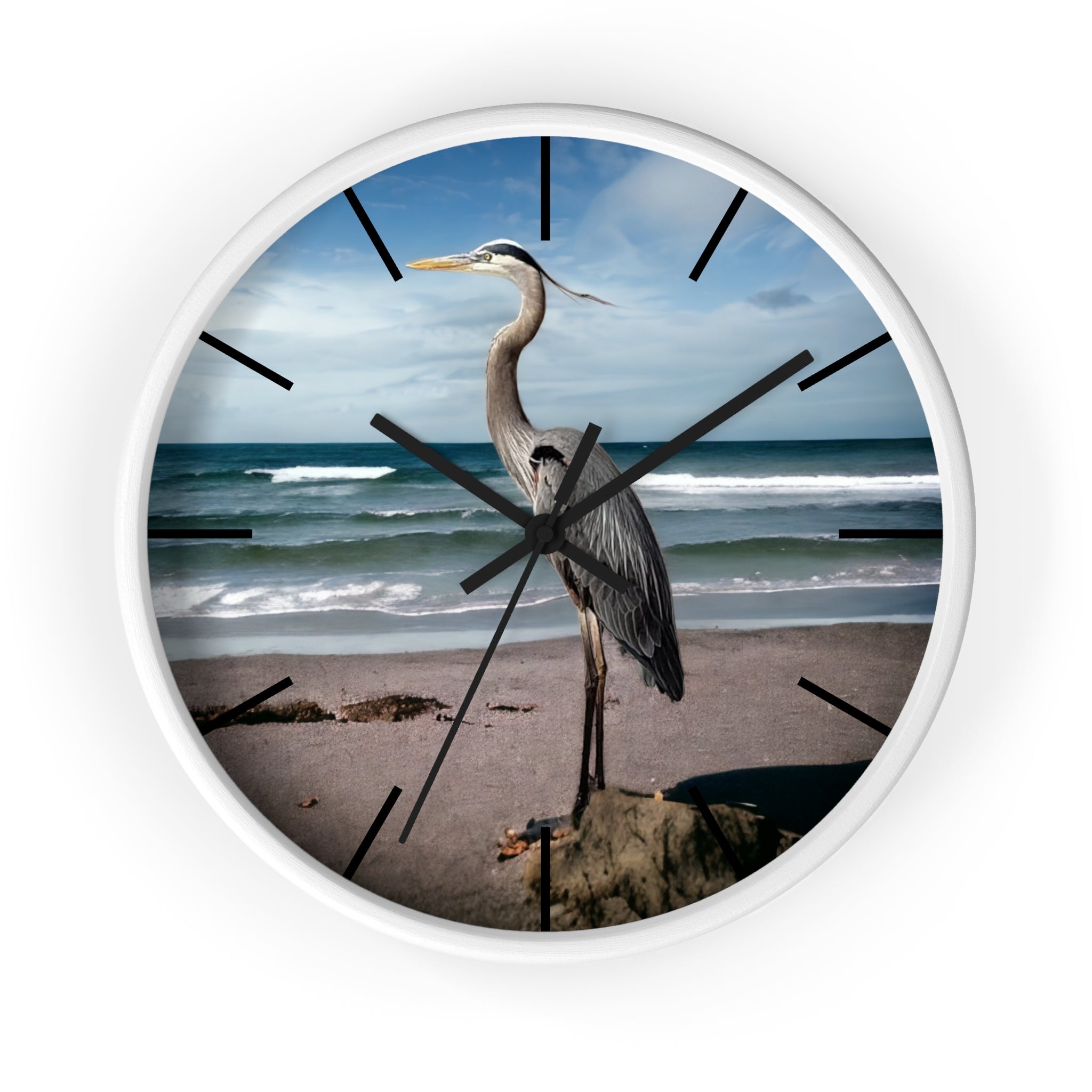 Elegant wall clock with a stunning heron photograph, featuring handmade resin on wood for a beautiful and functional art piece.