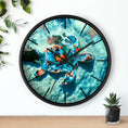 Load image into Gallery viewer, Detailed image of a coastal wall clock with a vibrant sea turtle print, made of handmade resin on wood, adding a touch of tropical elegance.