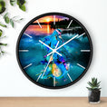 Load image into Gallery viewer, Elegant wall clock with mermaid artwork against a sunset, representing the artistry of handmade resin on wood.