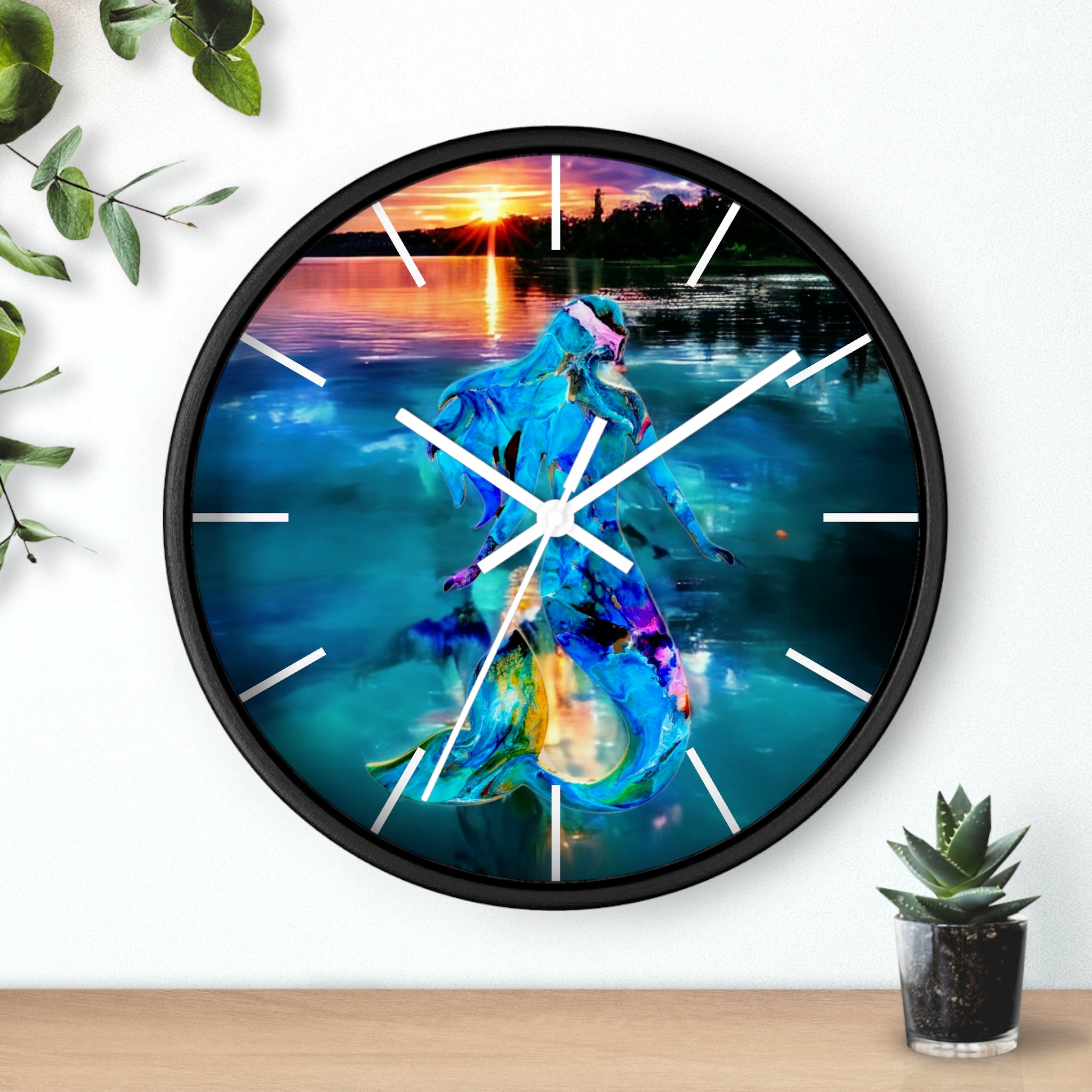 Elegant wall clock with mermaid artwork against a sunset, representing the artistry of handmade resin on wood.