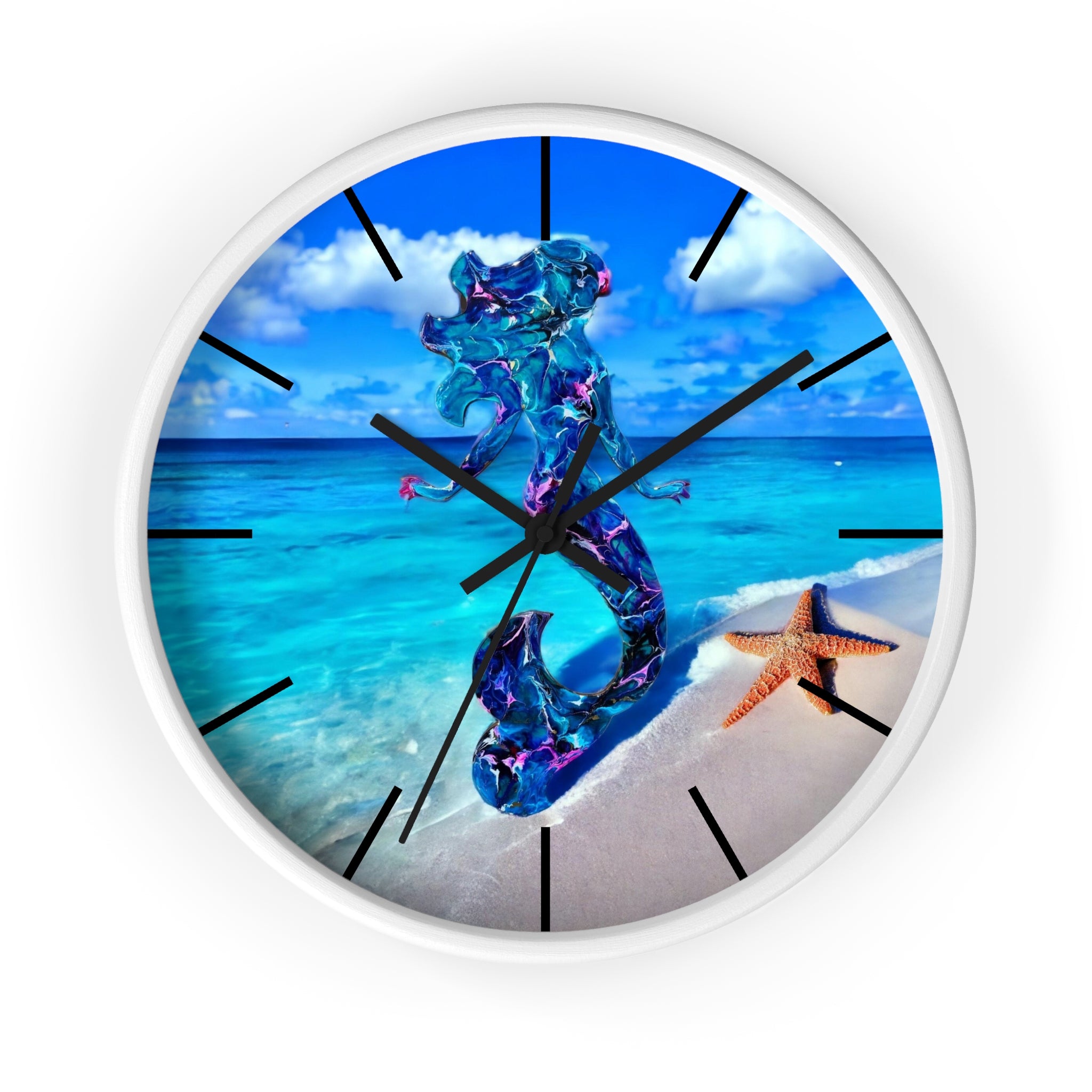 Stylish wall clock showcasing a detailed print of handmade resin mermaid on wood with a serene coastal theme.