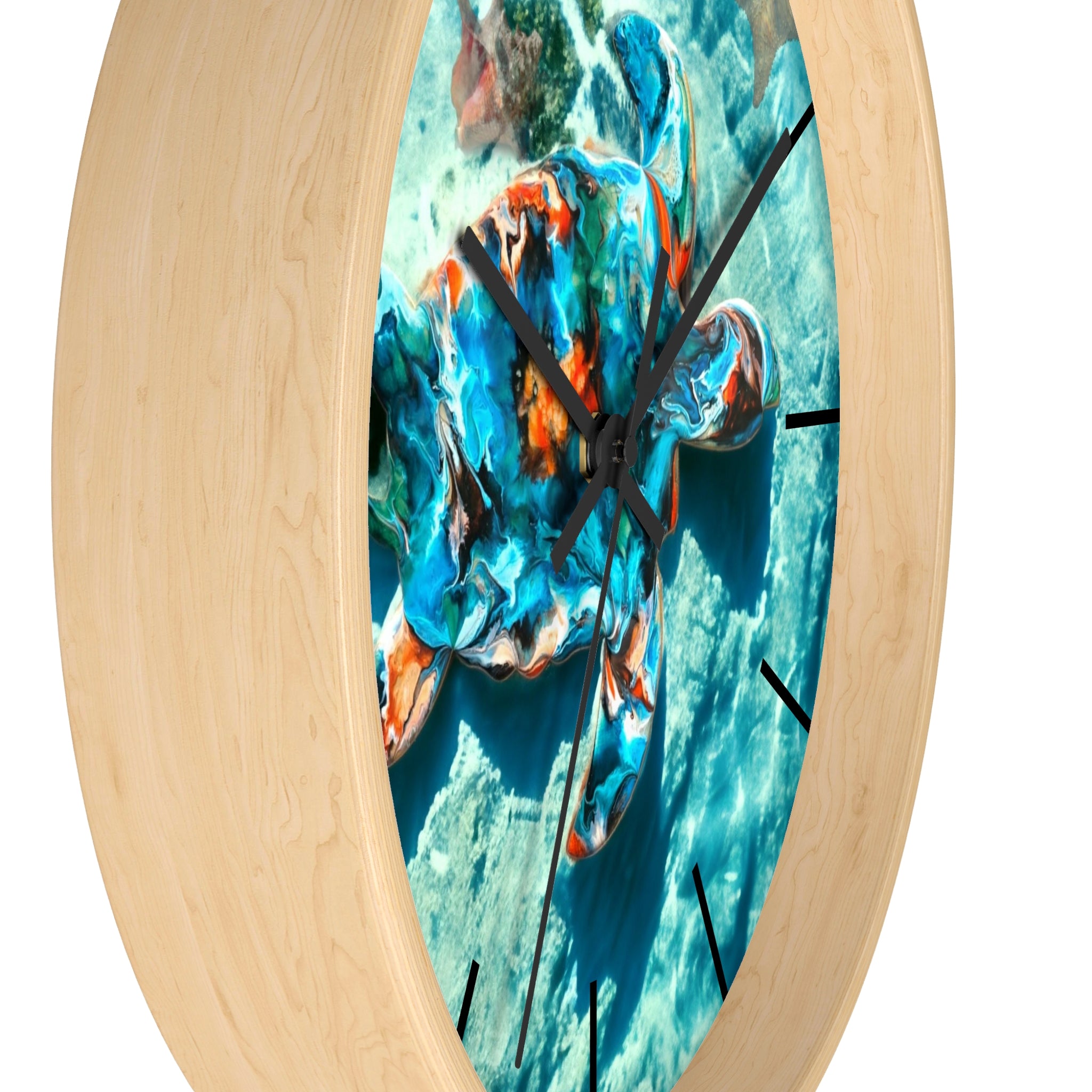 Stylish wall clock with a vibrant sea turtle print, featuring handmade resin on wood, ideal for ocean lovers.