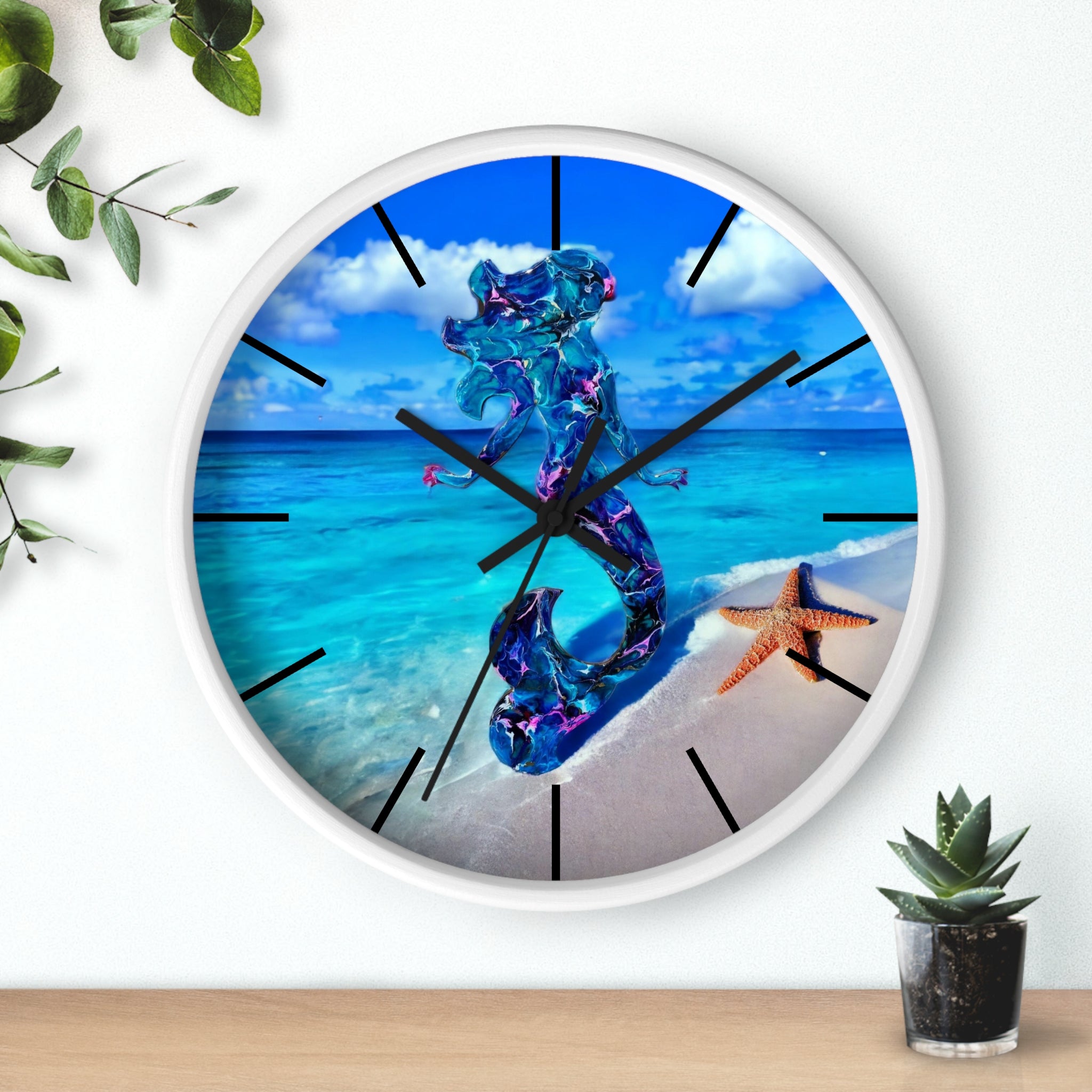 Wall clock display in different frame colors, highlighting the handmade resin on wood design with a tropical mermaid theme.