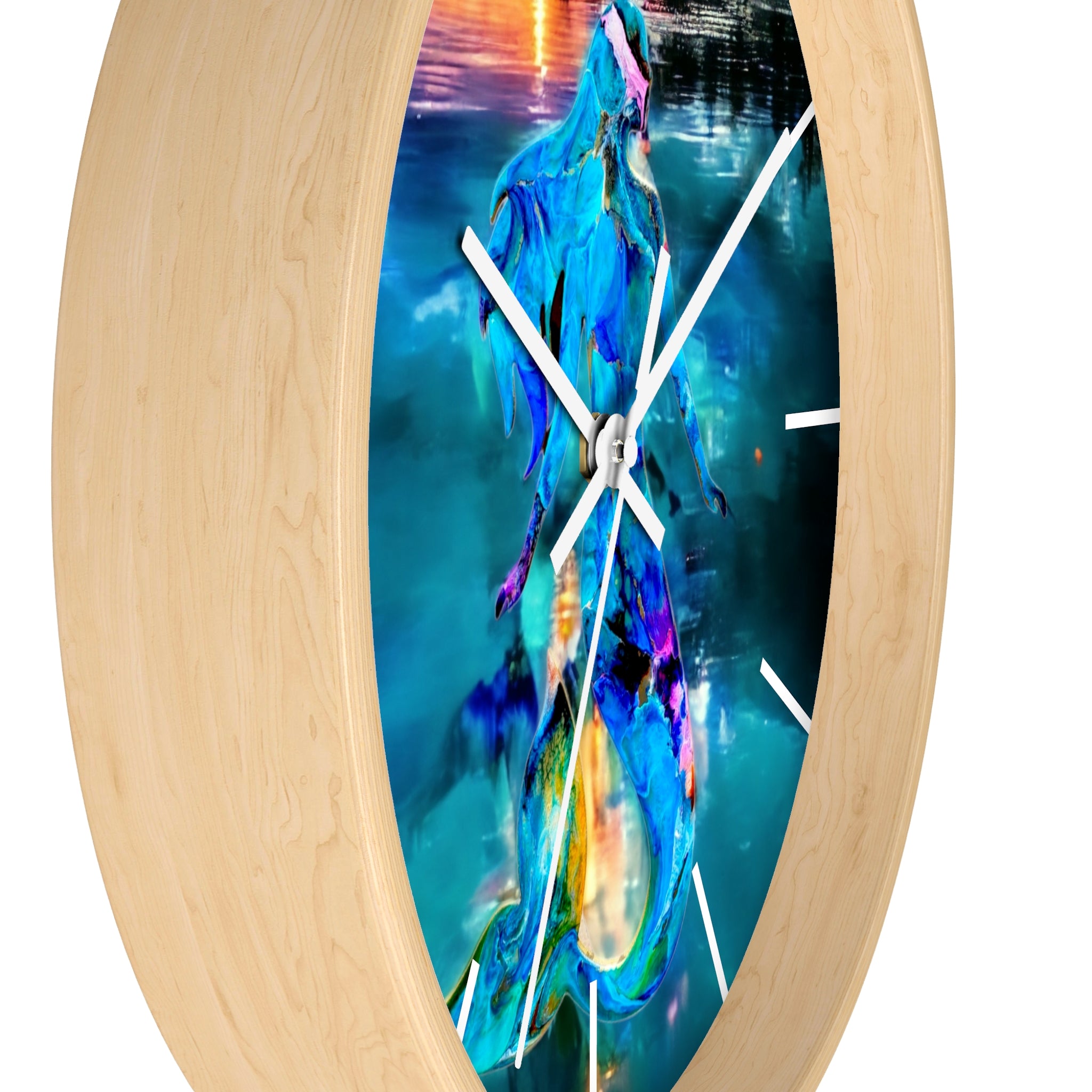Close-up detail of the wall clock showcasing handmade resin on wood, illustrating the flowing mermaid design and vibrant sunset colors.