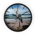 Load image into Gallery viewer, Close-up of the wall clock with a tropical beach scene and heron, crafted with handmade resin on wood for a vibrant accent.