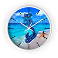 Load image into Gallery viewer, Elegant wall clock made of wood featuring a stunning handmade resin mermaid amidst a beach setting and oceanic motifs.
