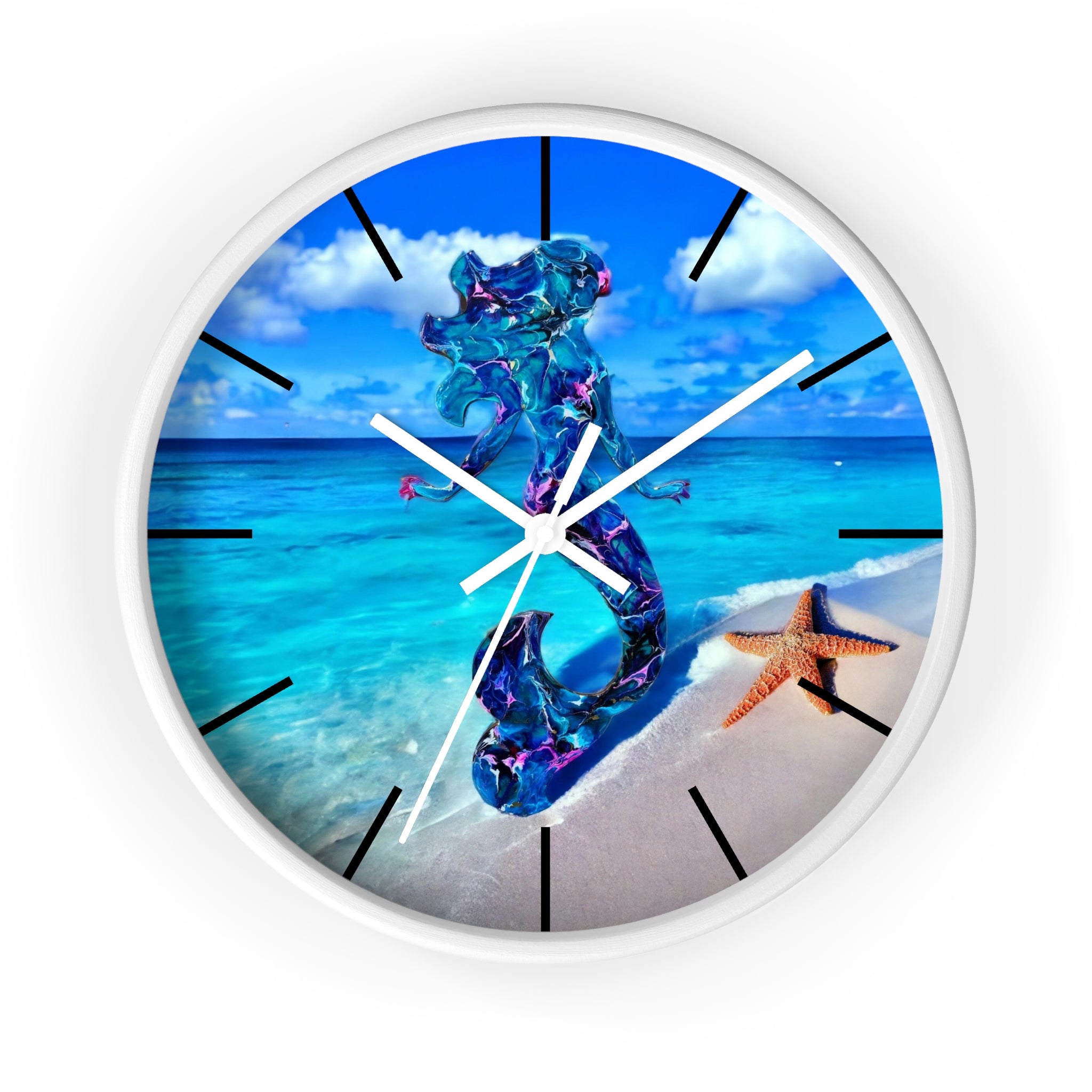 Elegant wall clock made of wood featuring a stunning handmade resin mermaid amidst a beach setting and oceanic motifs.