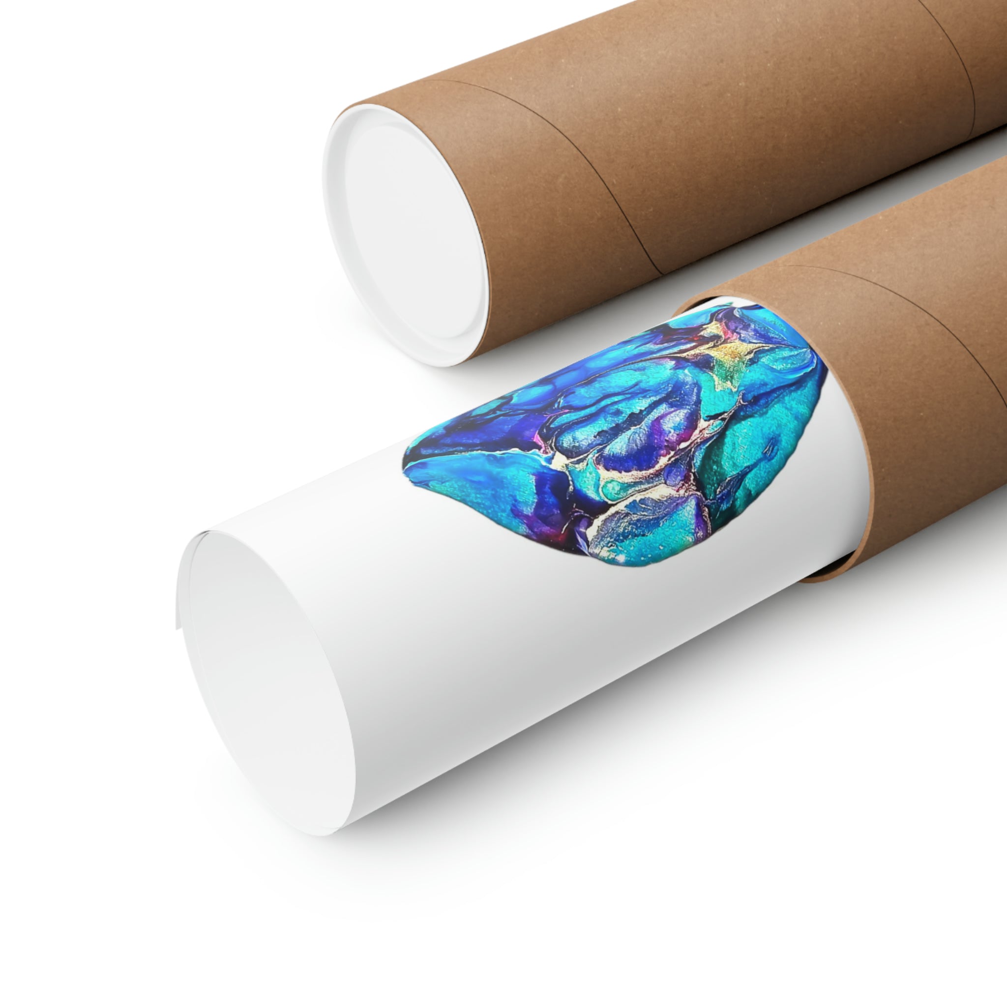 Blue Tang Tropical Fish Wall Art Print rolled inside a protective tube, showcasing vibrant blue colors, perfect for art lovers. Available on premium matte paper.