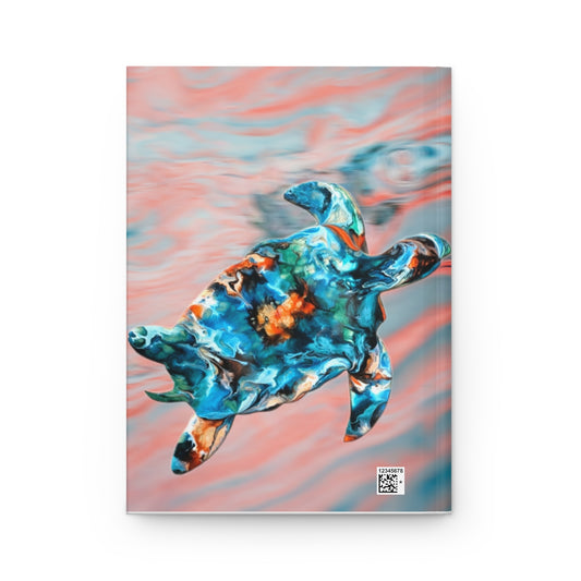Back view of the hardcover journal showcasing the matte finish and vibrant coral and teal sea turtle art, made from handmade resin on wood.