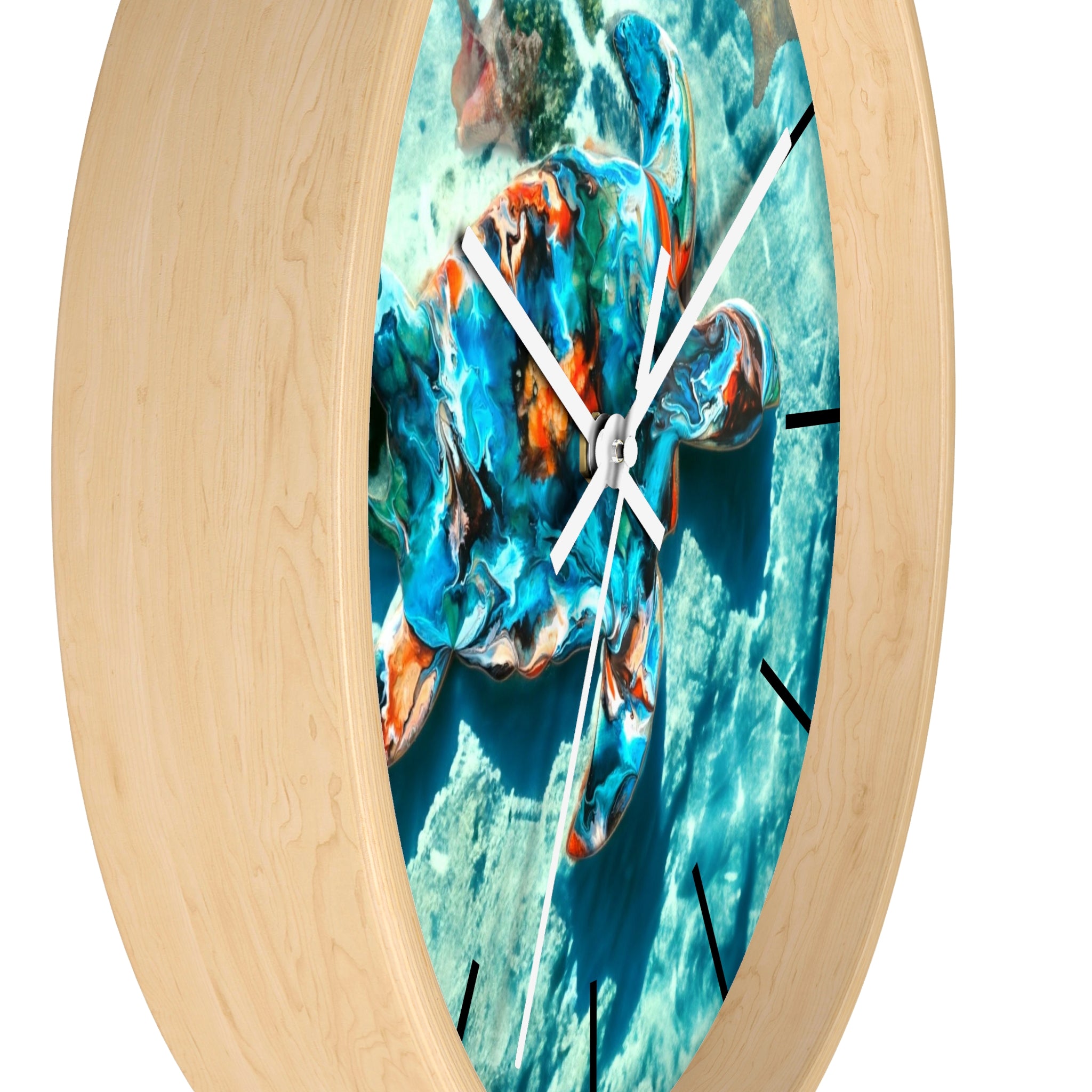 Close-up of the handcrafted sea turtle design on a wall clock, showcasing handmade resin on wood details.