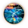 Load image into Gallery viewer, Stylish wall clock featuring a vibrant sunset and a printed mermaid design, showcasing the beauty of handmade resin on wood craftsmanship.