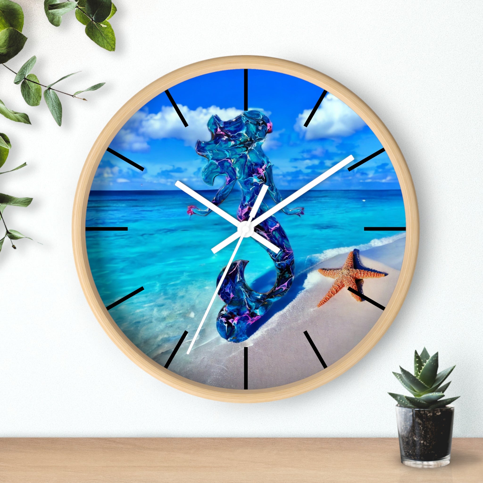 Stylish wall clock with a colorful handmade resin mermaid on wood, complete with starfish, highlighting coastal decor themes.