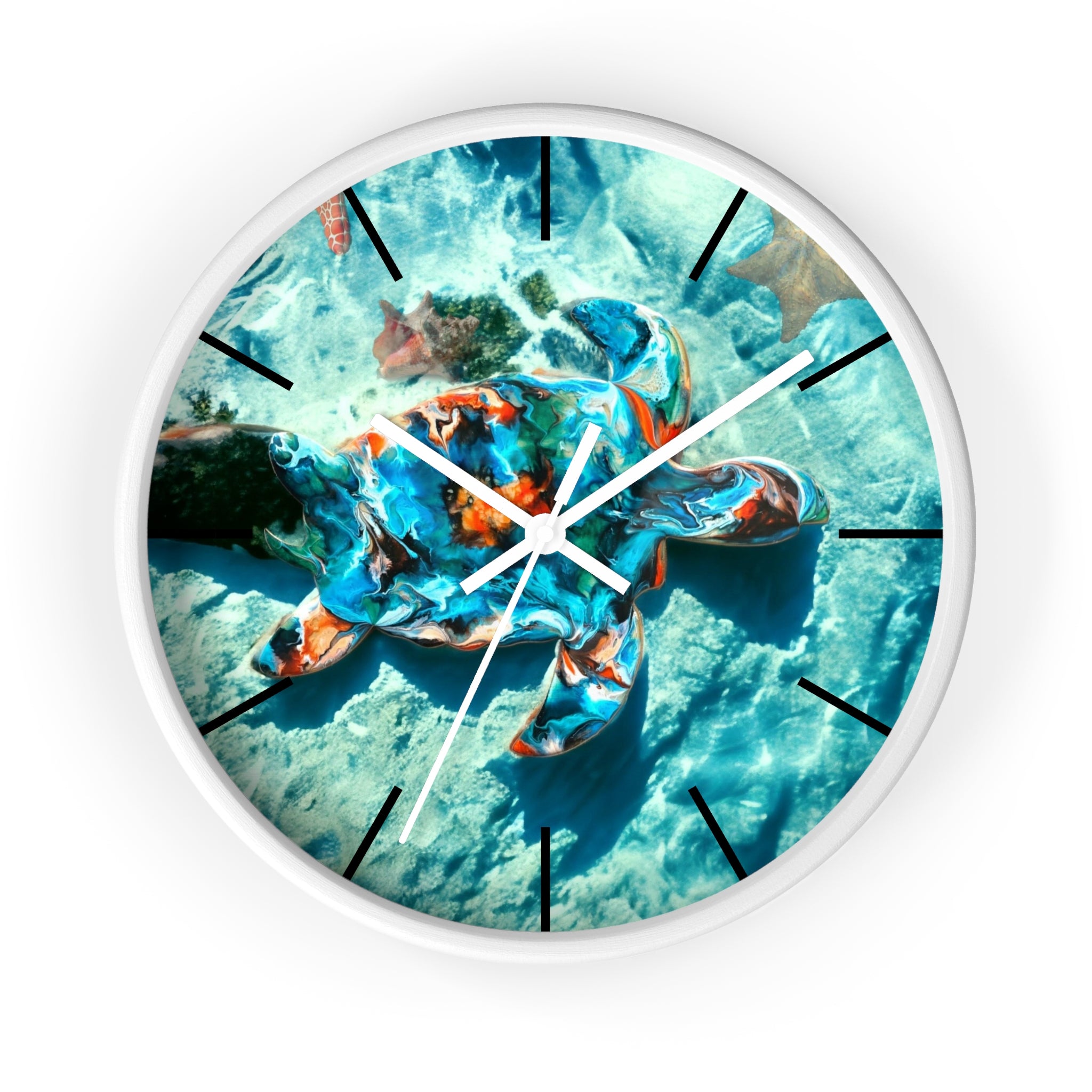Three frame color options for the tropical sea turtle wall clock, each featuring handmade resin on wood, ideal for enhancing any indoor space.