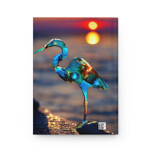 Close-up view of the handcrafted resin art on wood depicting a heron, perfectly captured for the journal cover at sunset.