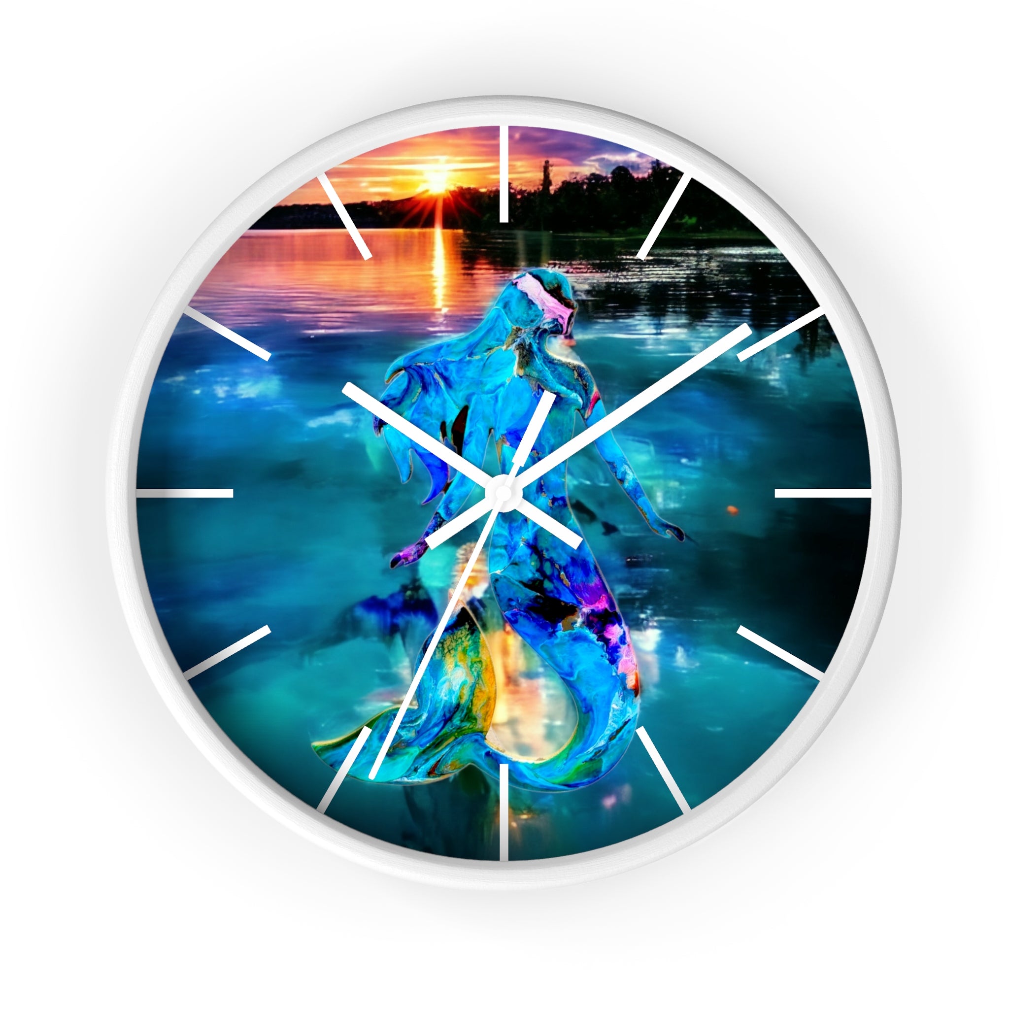 Artistic wall clock with a sunset scene featuring a mermaid, highlights the beautiful handmade resin on wood craftsmanship.