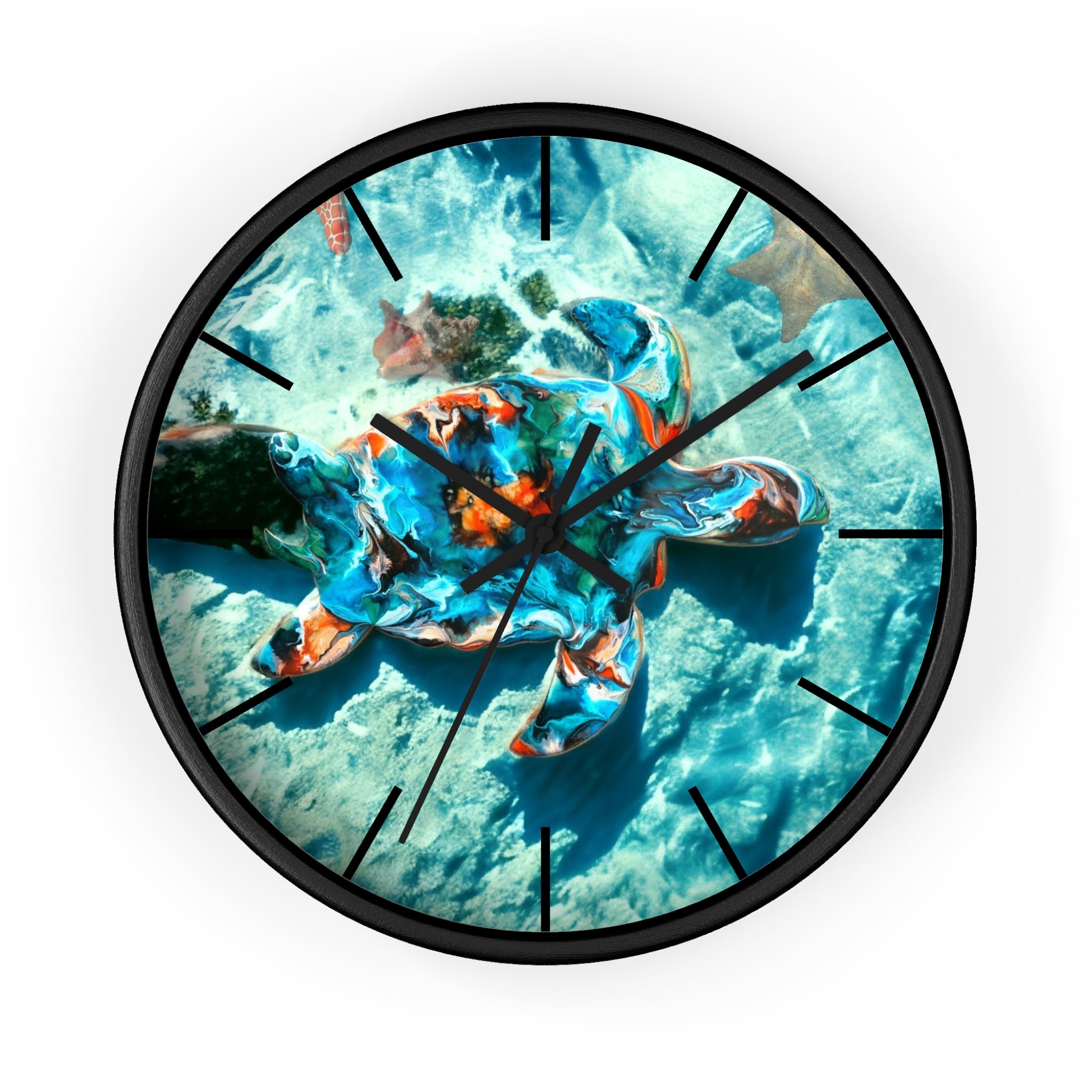 Tropical sea turtle wall clock featuring beautiful handmade resin on wood, perfect for coastal decor.