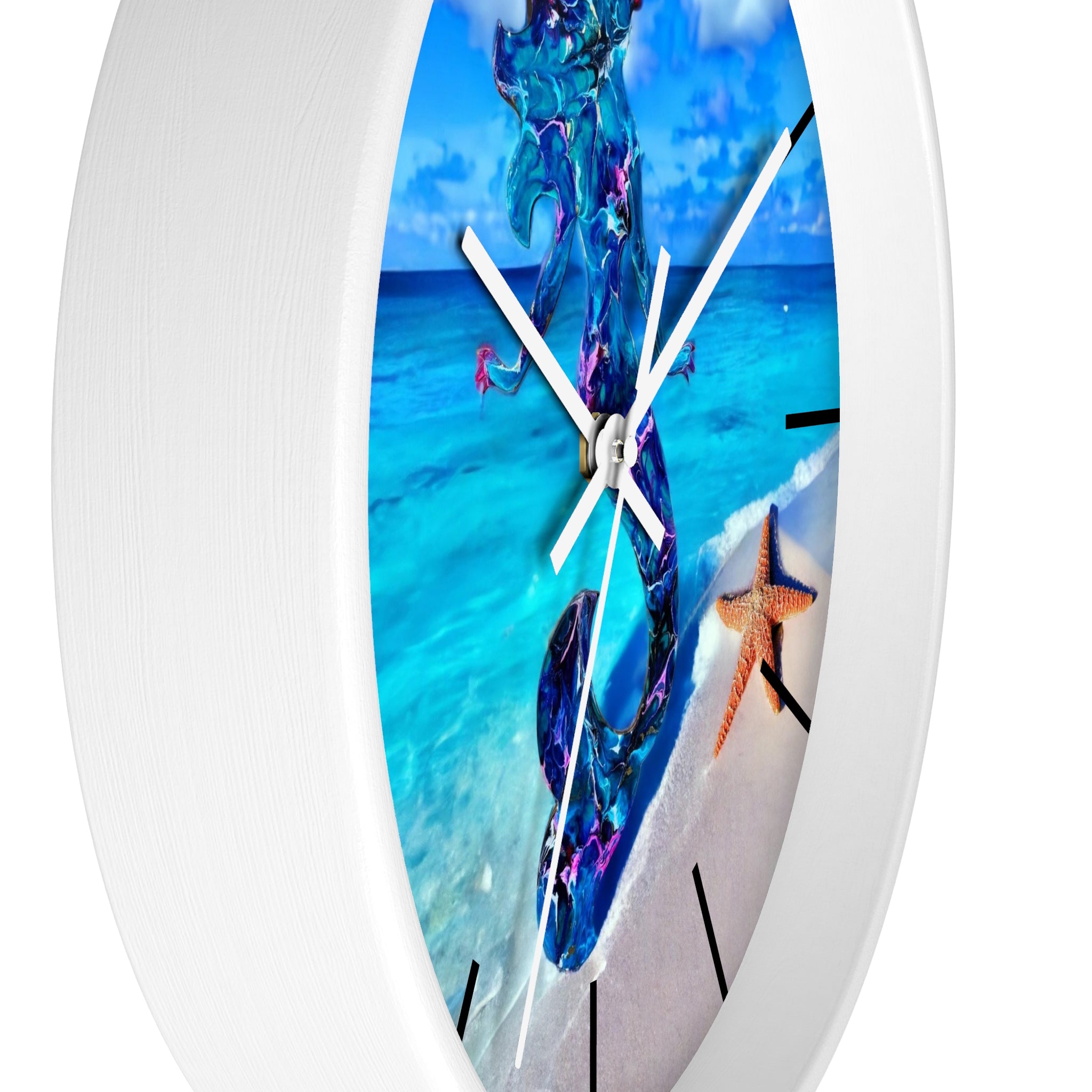 Round wall clock featuring a beautiful handmade resin mermaid on wood with a starfish design, perfect for coastal decor.