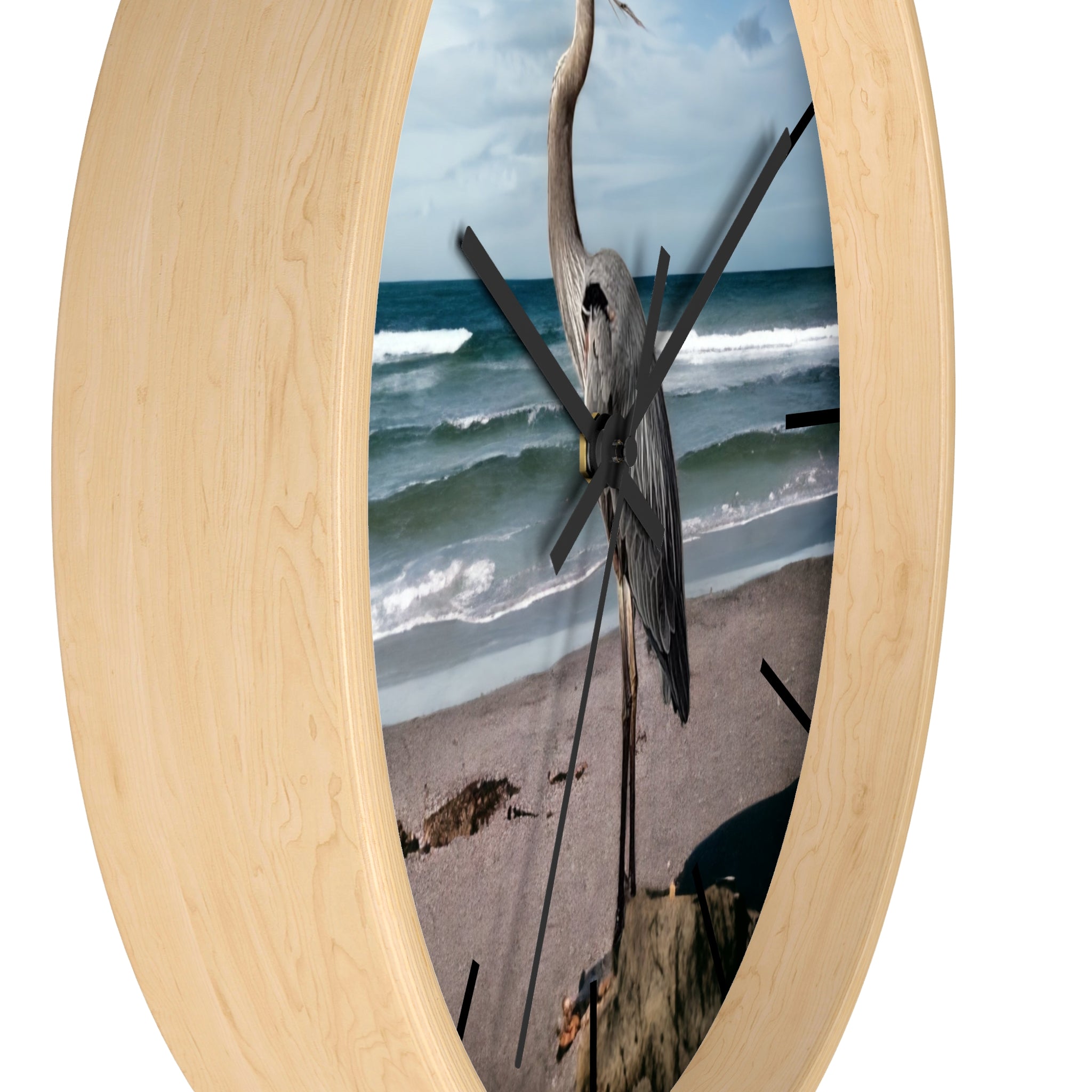 Beautiful wall clock featuring a stunning heron photograph, expertly crafted with handmade resin on wood for a coastal decor touch.