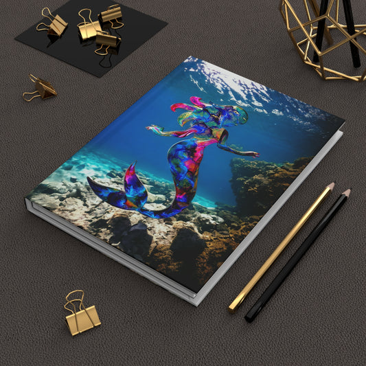 Cover of a stunning hardcover journal featuring a gorgeous blue and pink mermaid design, showcasing a handmade resin on wood art style with beautiful ocean water backdrop.