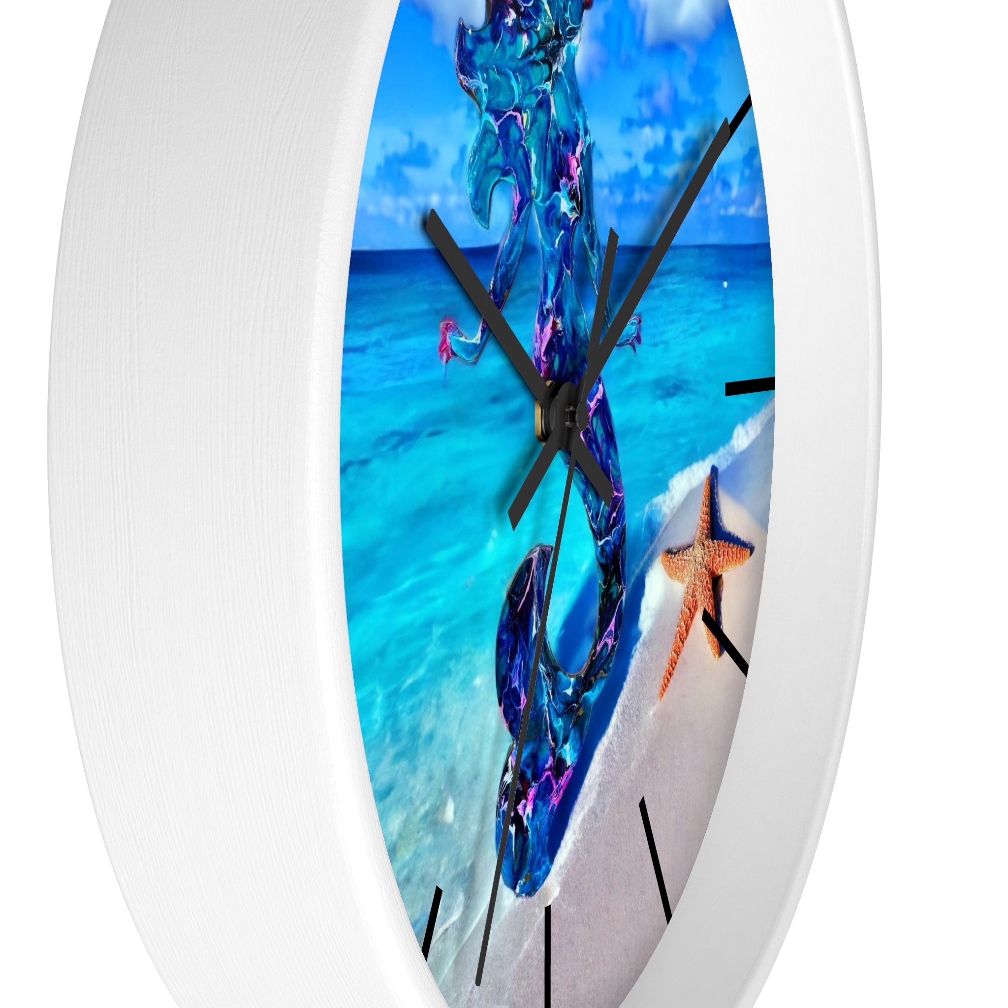 Colorful mermaid design on a wooden wall clock, highlighting handmade resin craftsmanship and starfish details.