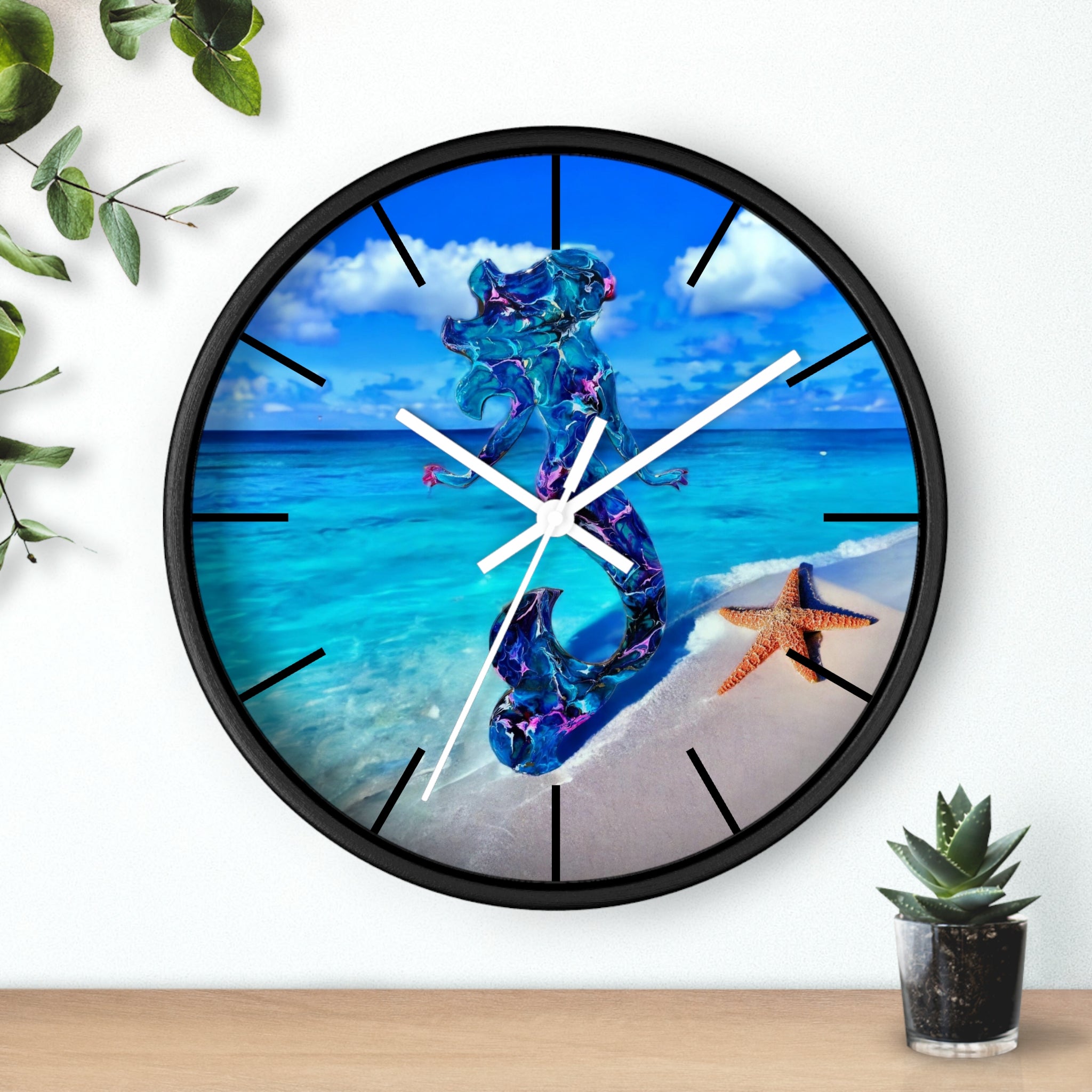 Close-up view of a starfish detail on the wall clock, showcasing handmade resin on wood craftsmanship.