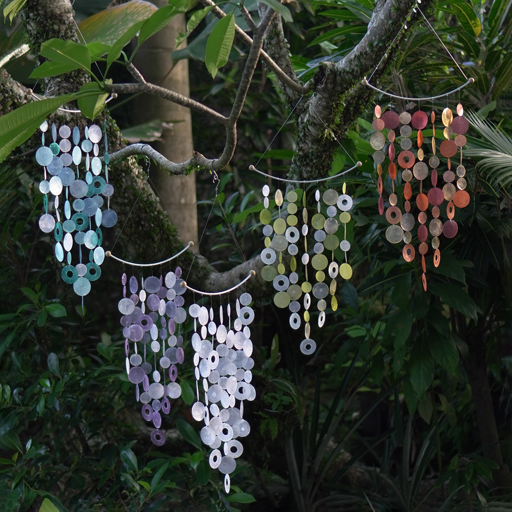 Capiz Shell Chime Inverted Arch Wind Chimes Decoration Blue - Collection of colorful capiz shell wind chimes showcasing varying shapes and vibrant colors, perfect for creating a stylish and melodious outdoor space.