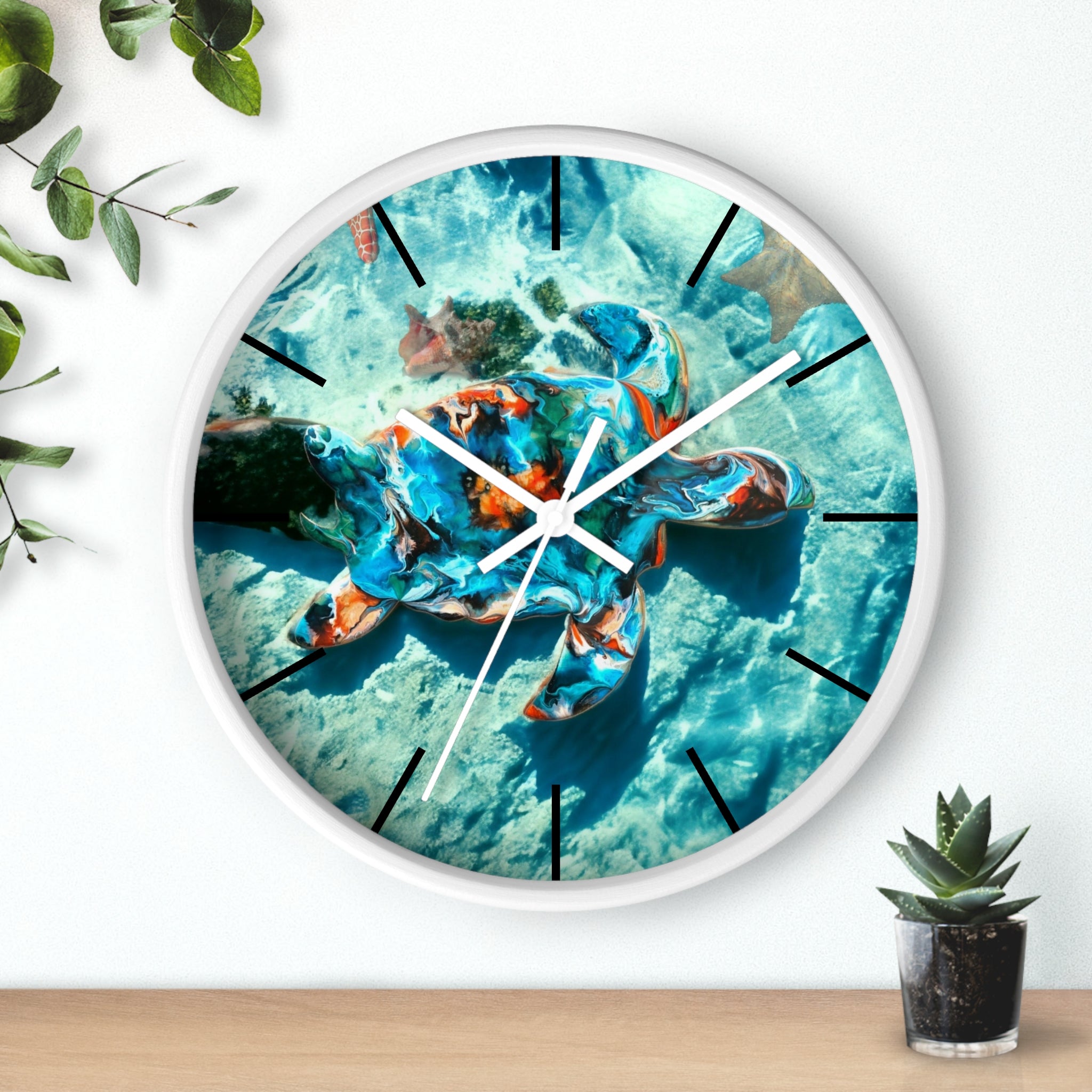 A stunning wall clock featuring a tropical sea turtle design, crafted with handmade resin on wood, showcasing vibrant colors perfect for coastal decor.