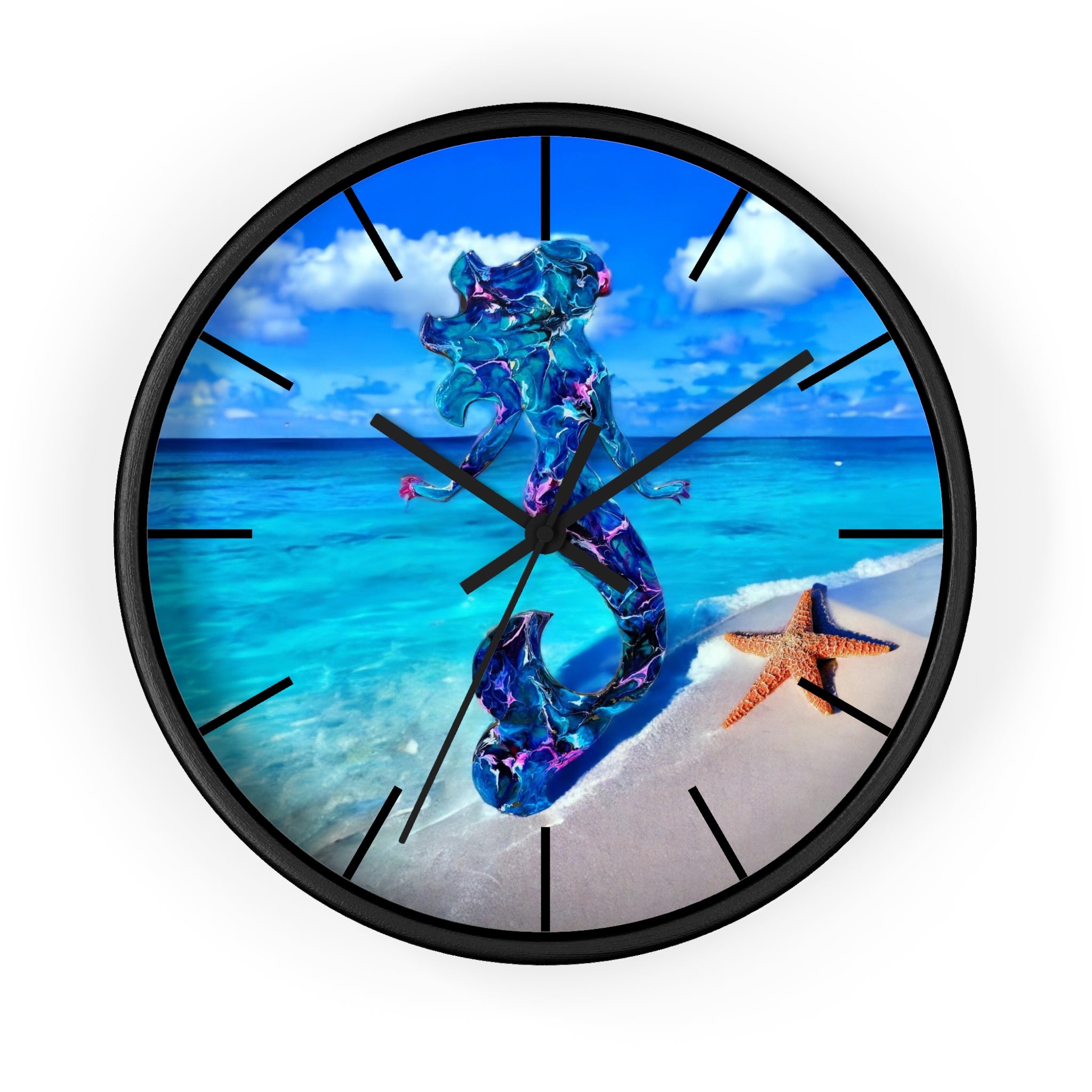 Elegant wall clock art depicting a handmade resin mermaid on wood, surrounded by beach elements including a starfish, perfect for home decor.