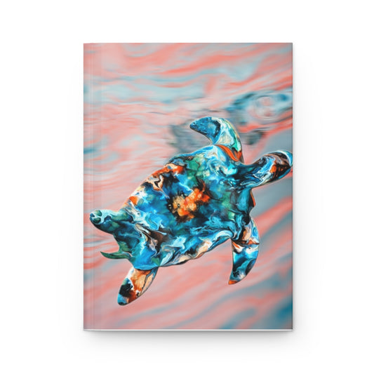 Close-up of the coral and teal sea turtle design, featuring a handmade resin on wood art piece, adorned with pink roses, perfect for personalized journaling.