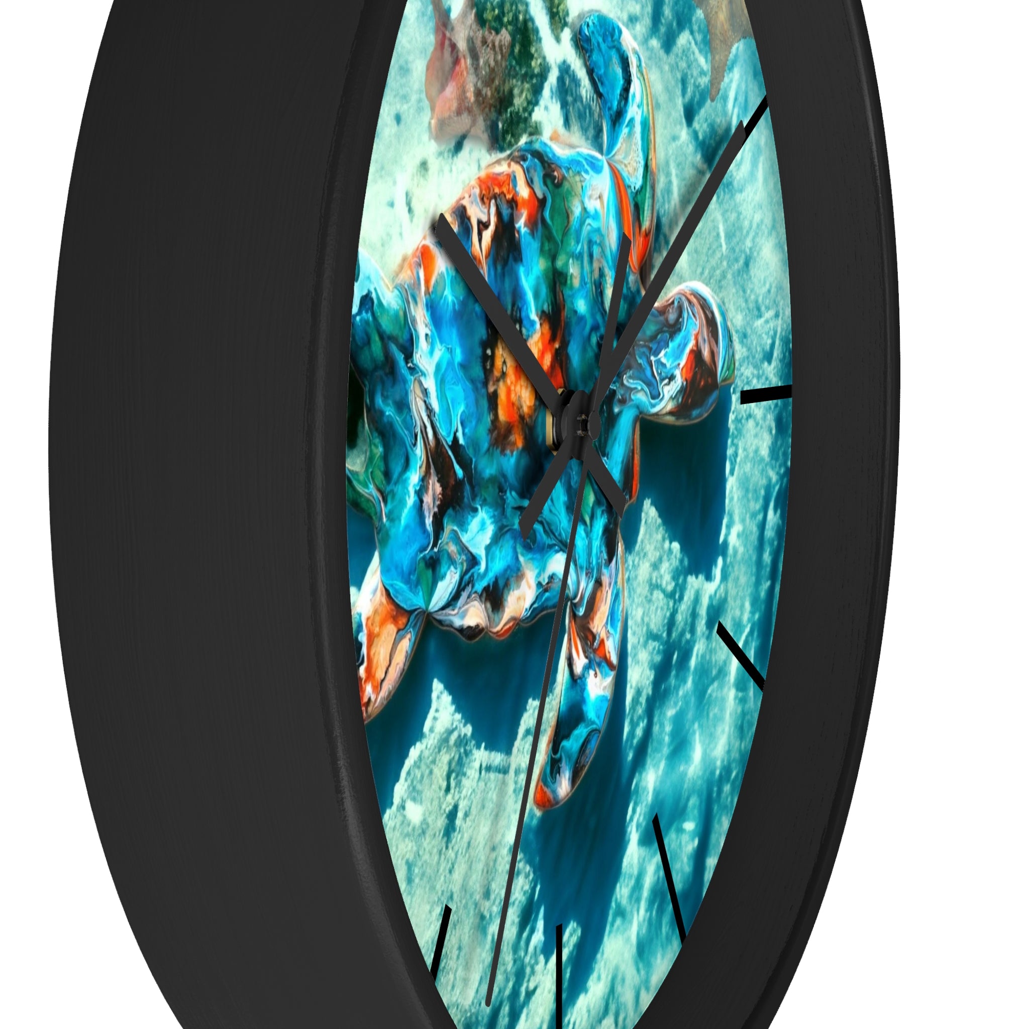 Stylish coastal wall clock with a vibrant sea turtle print, made with handmade resin on wood for a tropical vibe.