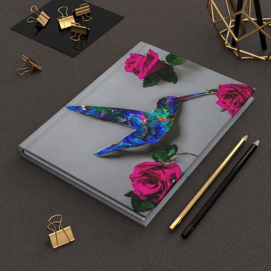 A beautiful hardcover journal featuring a gorgeous blue hummingbird handcrafted in resin on wood, surrounded by delicate pink roses for a stylish touch.