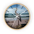 Load image into Gallery viewer, Close-up view of the wall clock highlighting the intricate details of the heron design, made with handmade resin on wood, adding elegance to any room.
