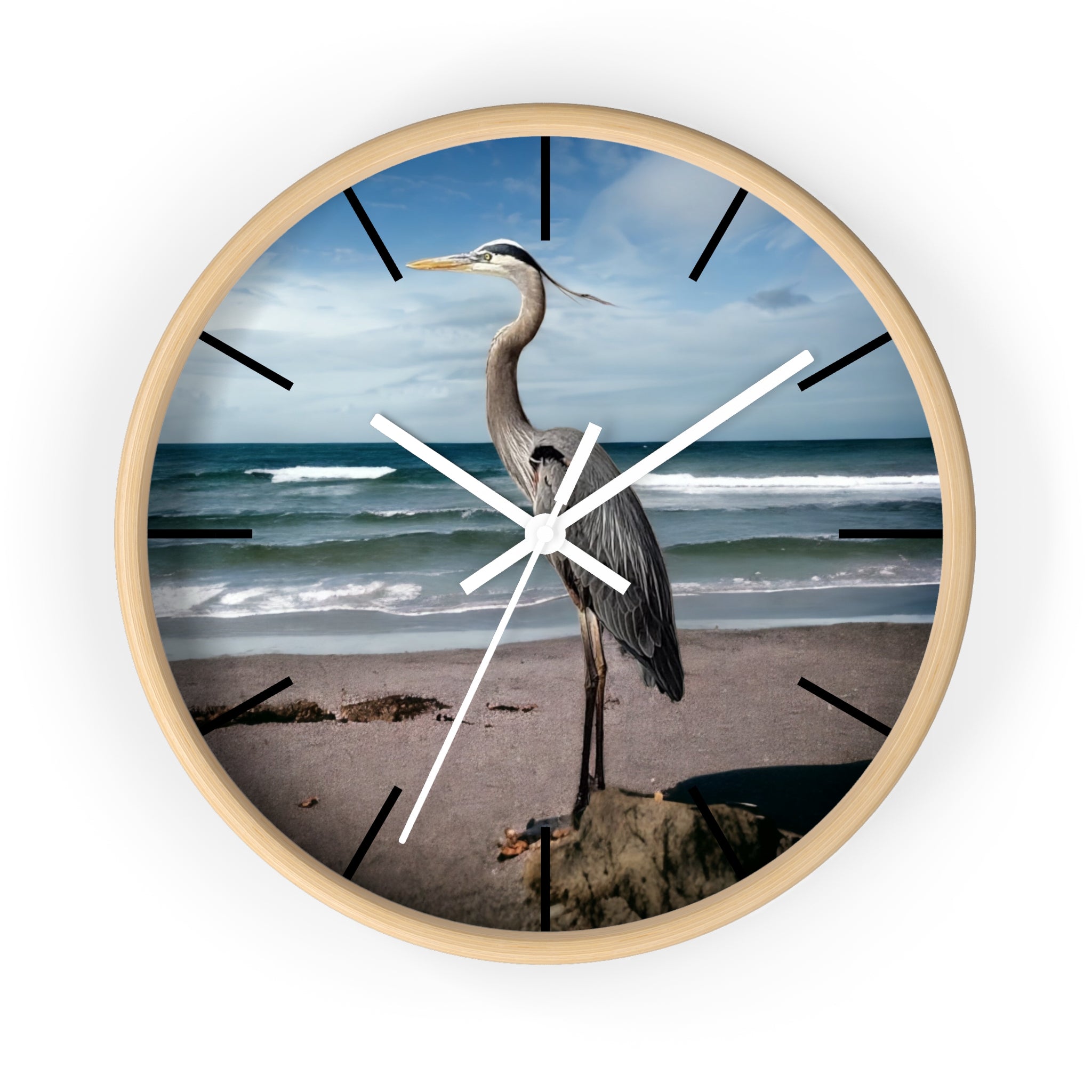 Close-up view of the wall clock highlighting the intricate details of the heron design, made with handmade resin on wood, adding elegance to any room.