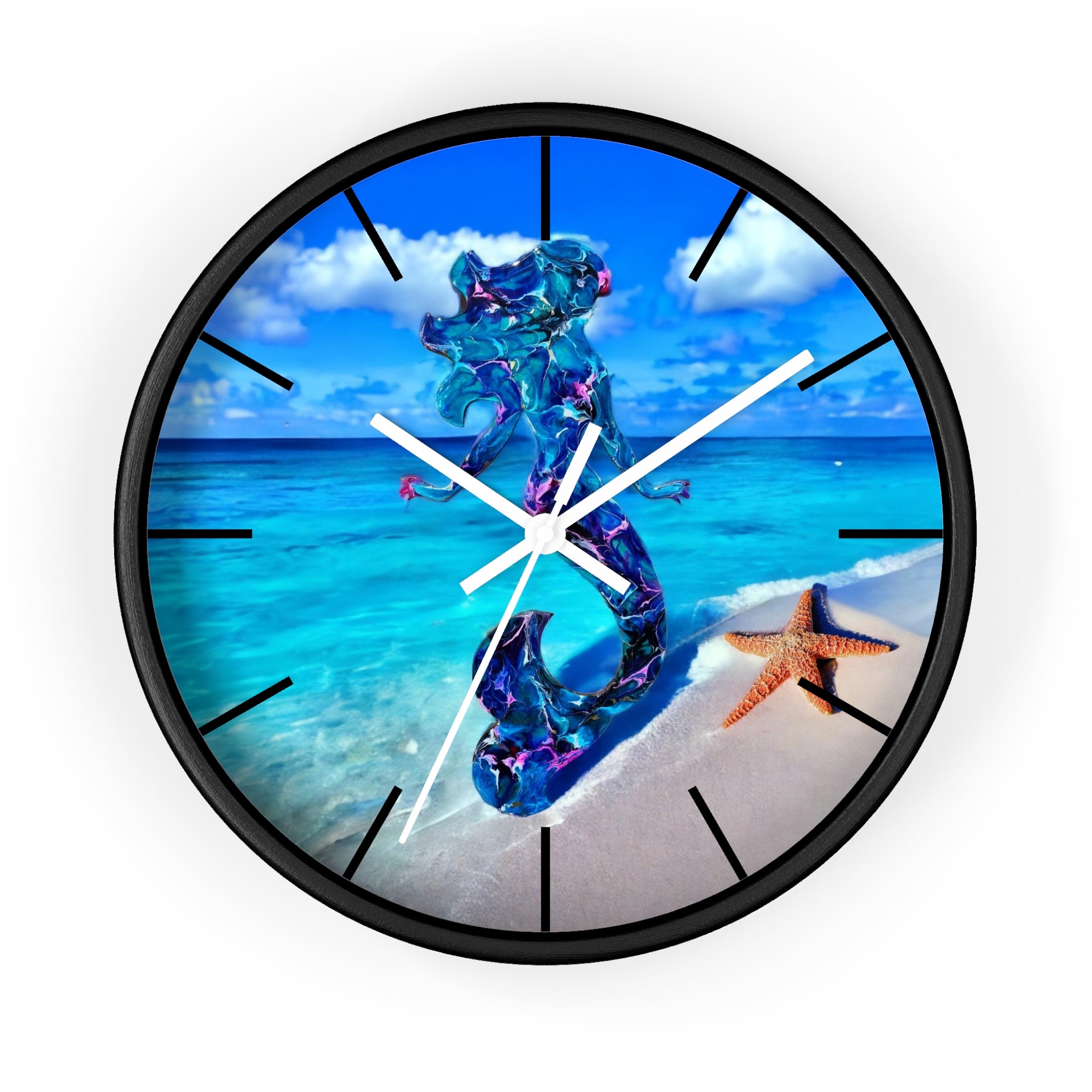 Round wall clock featuring a beautiful print of a handmade resin mermaid on wood, surrounded by a starfish design.