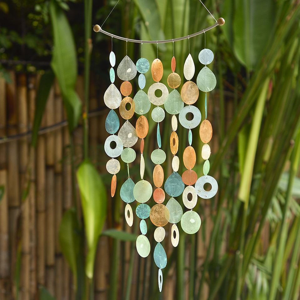 Tropical Flower Arch Capiz Shell Wind Chimes - Garden Decor with Apricot, Green & Blue Tones