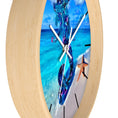Load image into Gallery viewer, Artistic view of a round wall clock featuring a handmade resin mermaid on wood, accented by a starfish, suitable for adding a coastal touch.