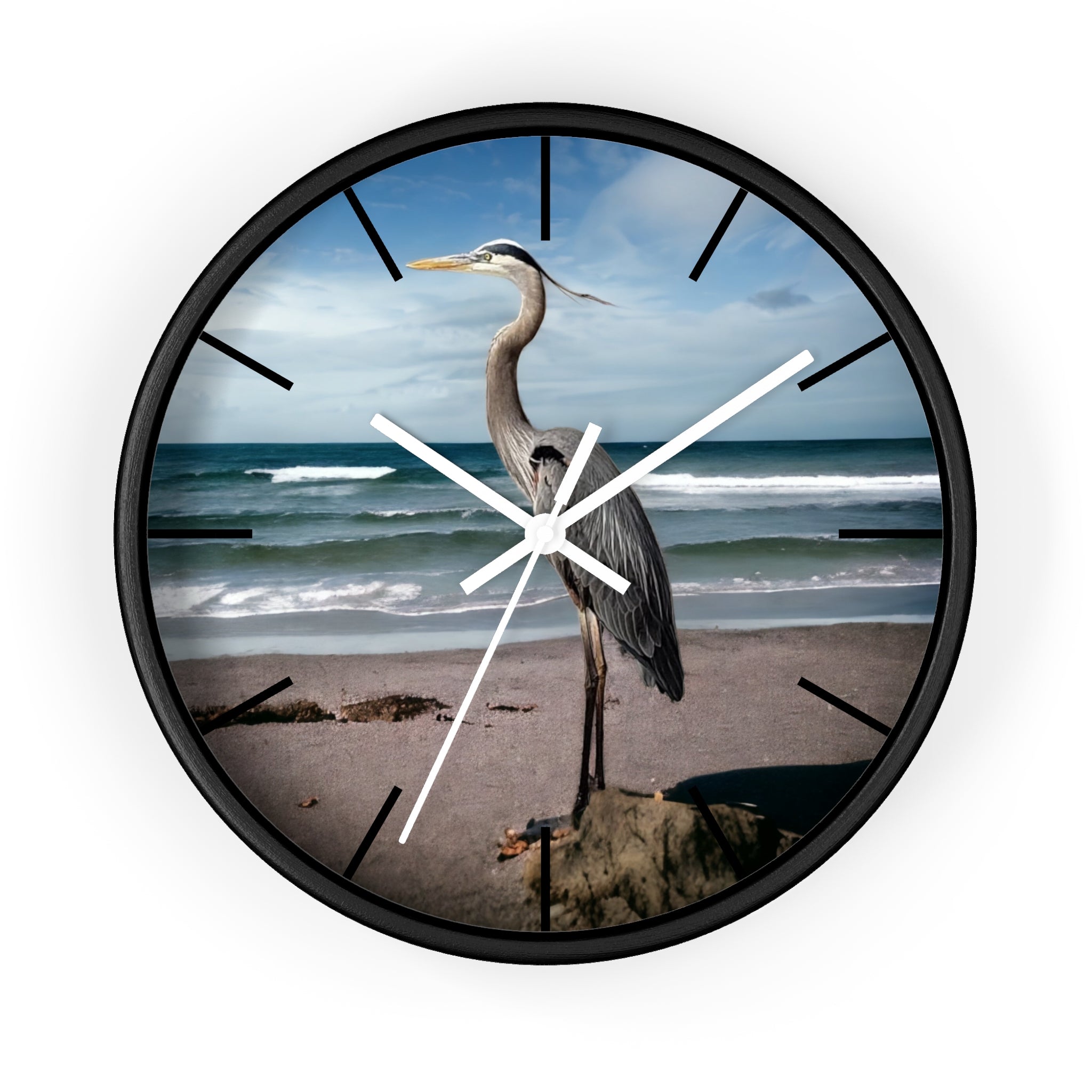 Stylish wall clock displaying a serene heron image, designed with handmade resin on wood to enhance any interior decor.