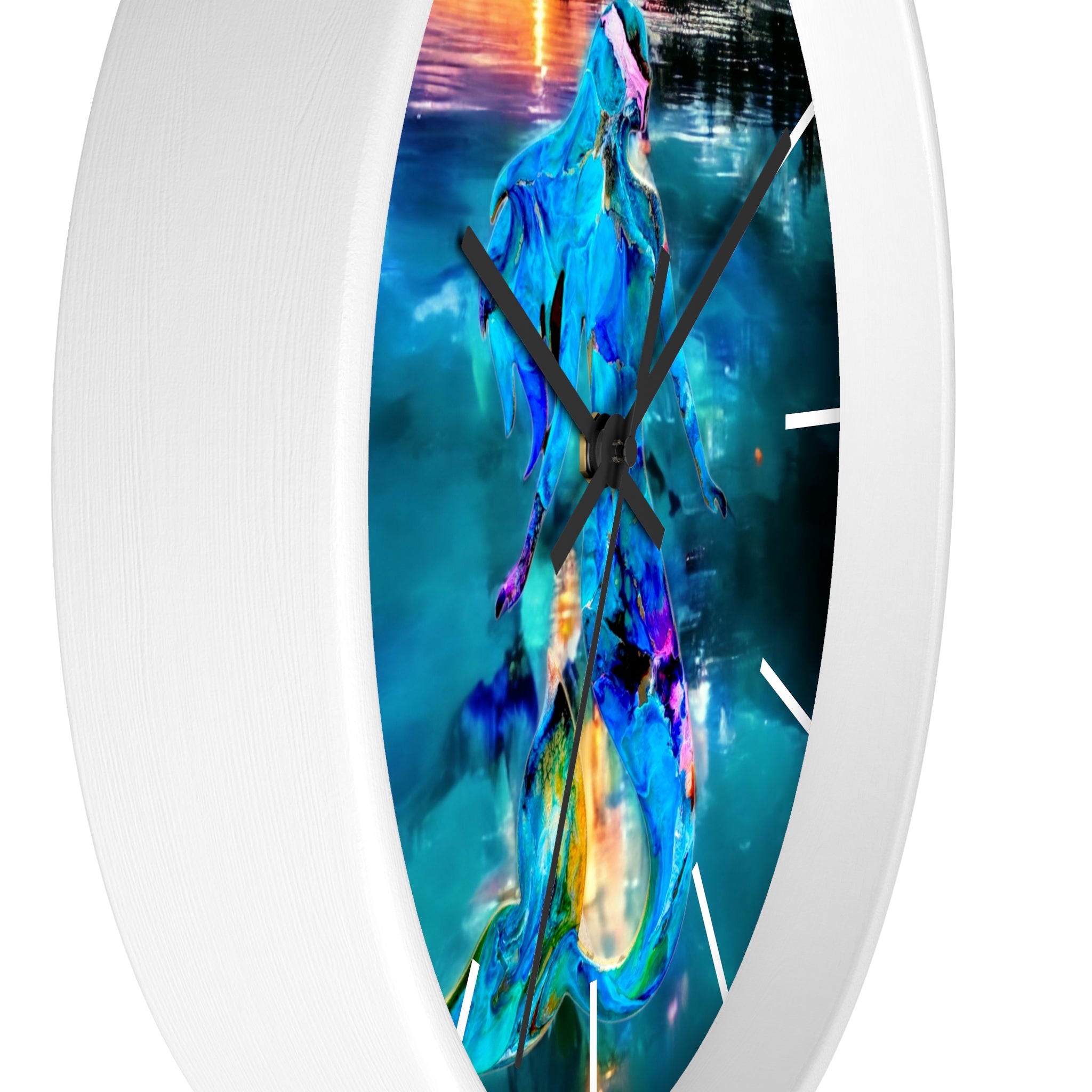 A vibrant wall clock featuring a printed mermaid at sunset, showcasing handmade resin on wood, perfect for adding a unique touch to any room.