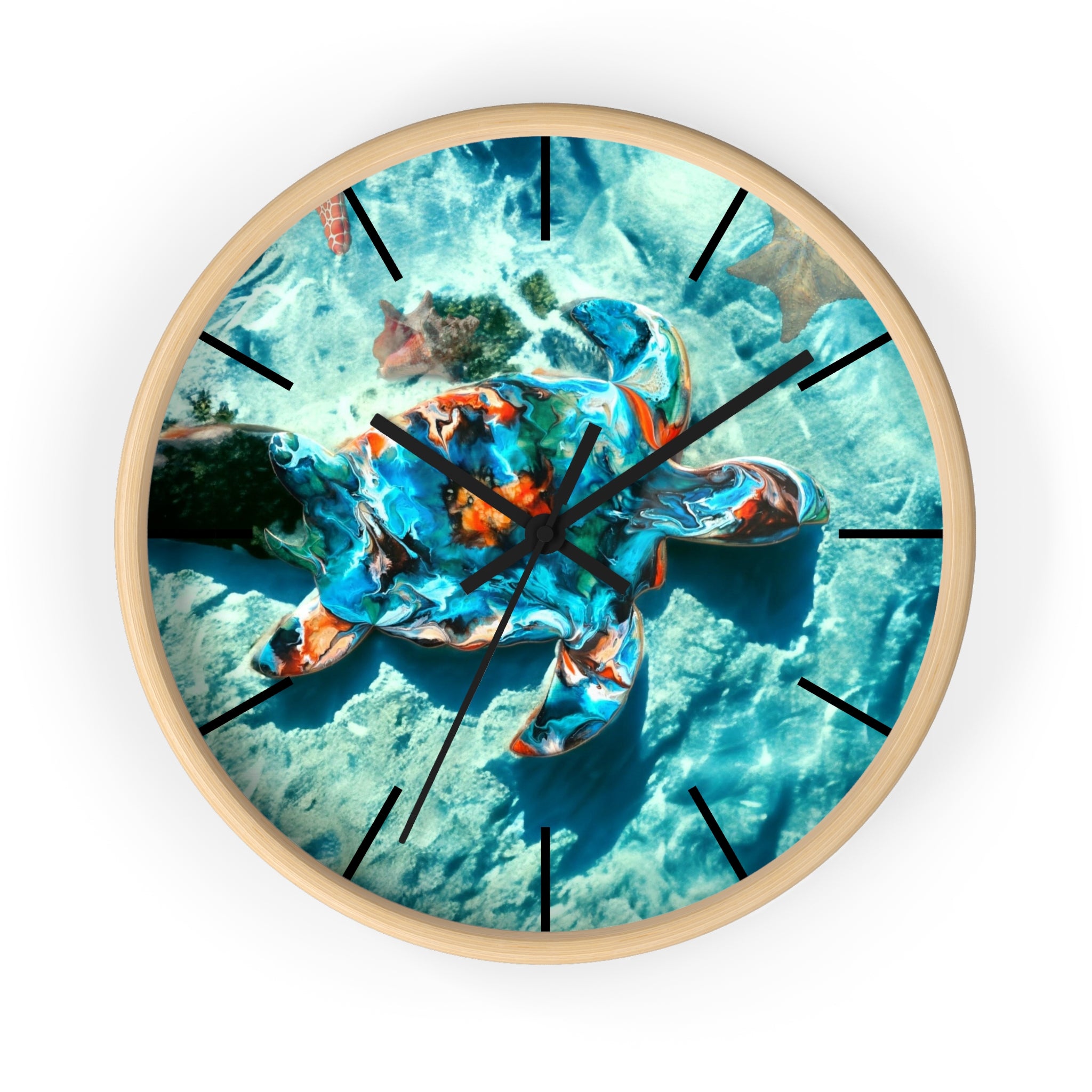 Elegant round wall clock showcasing a sea turtle design, handmade resin on wood for a coastal vibe.