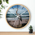 Load image into Gallery viewer, Stylish wall clock adorned with a large heron against an ocean backdrop, made with handmade resin on wood for a distinctive coastal vibe.