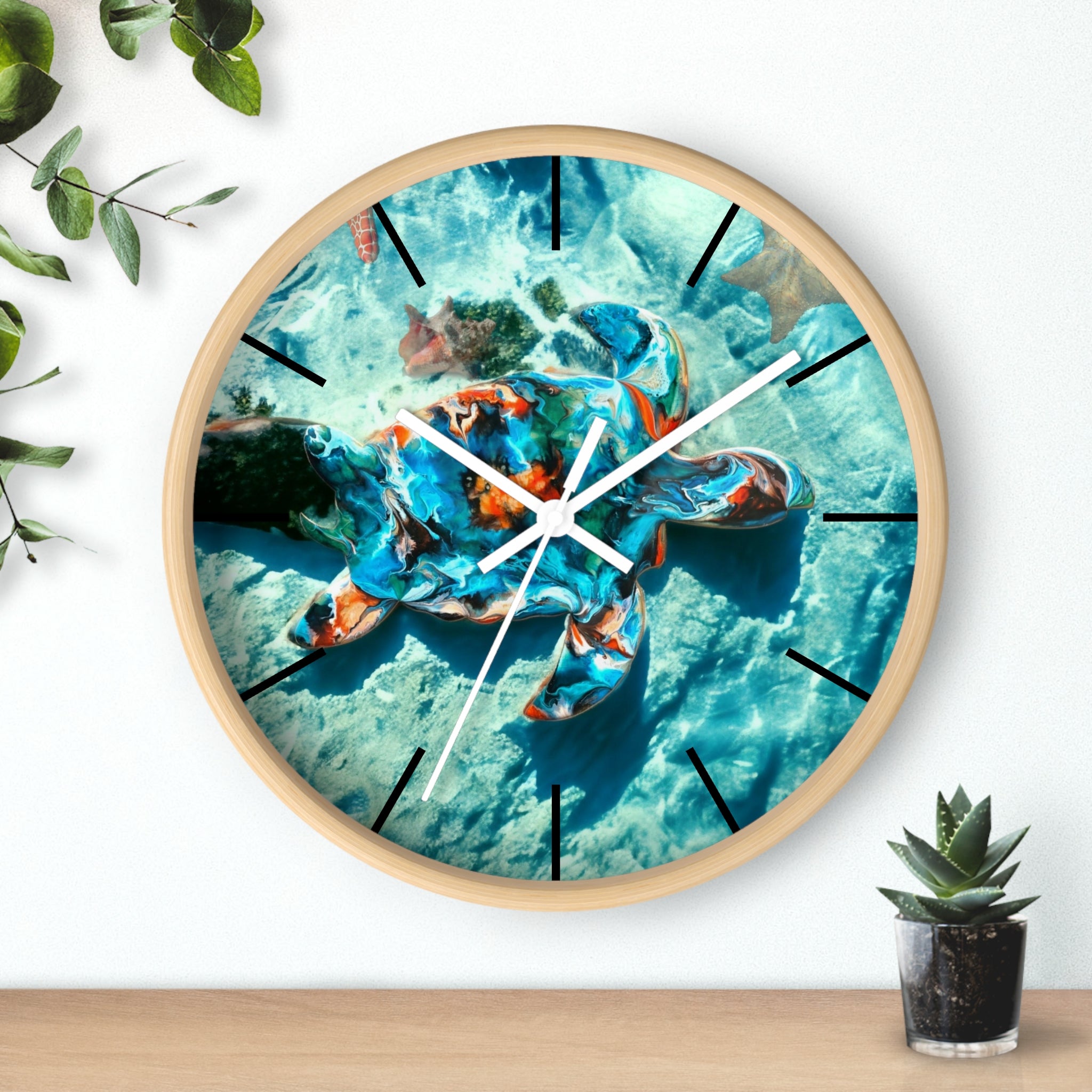 A side view of the coastal-themed wall clock displaying its round shape and a beautifully crafted sea turtle in handmade resin on wood, designed for a serene ambiance.