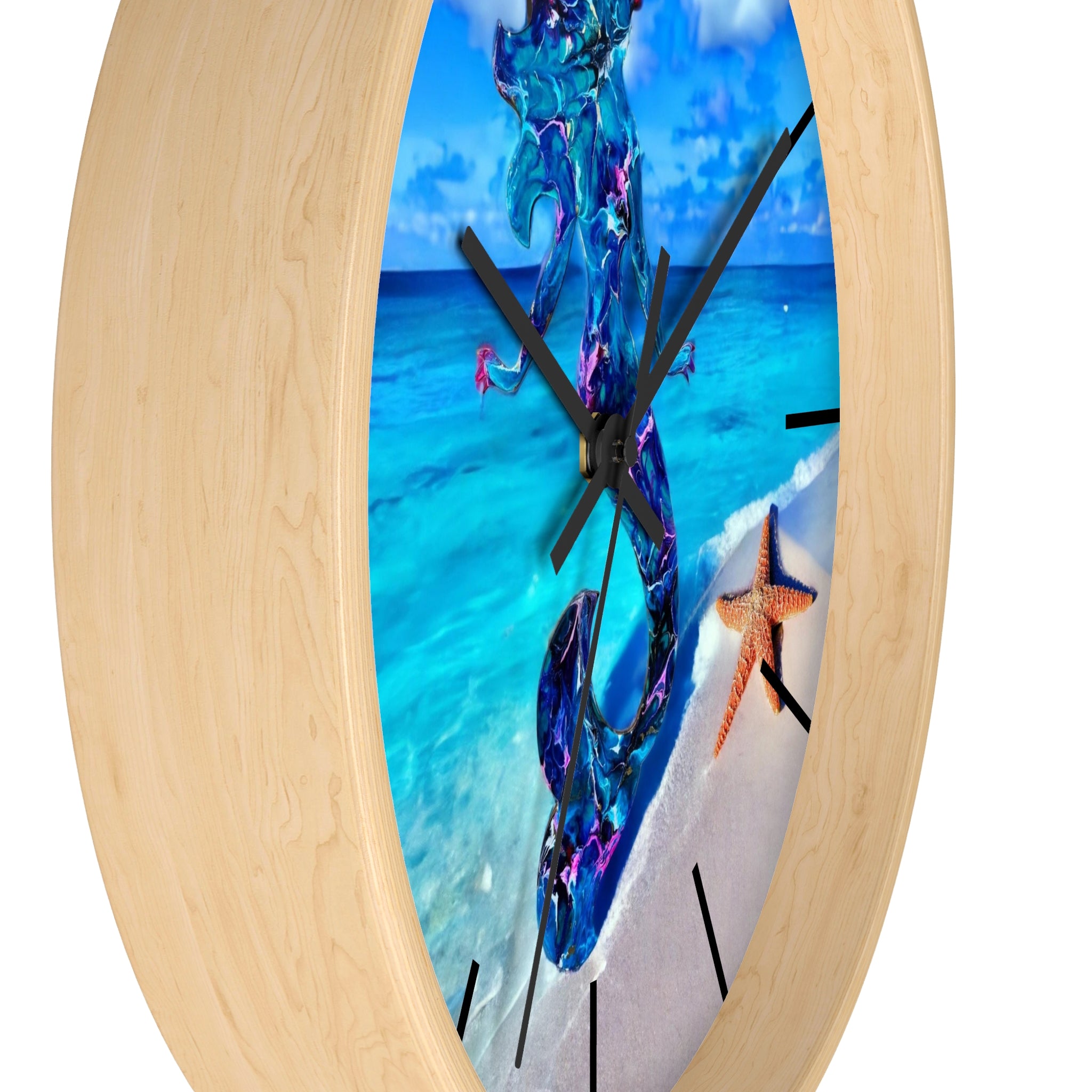 Stylish wooden wall clock displaying a charming handmade resin mermaid alongside a starfish, ideal for beach-themed interiors.