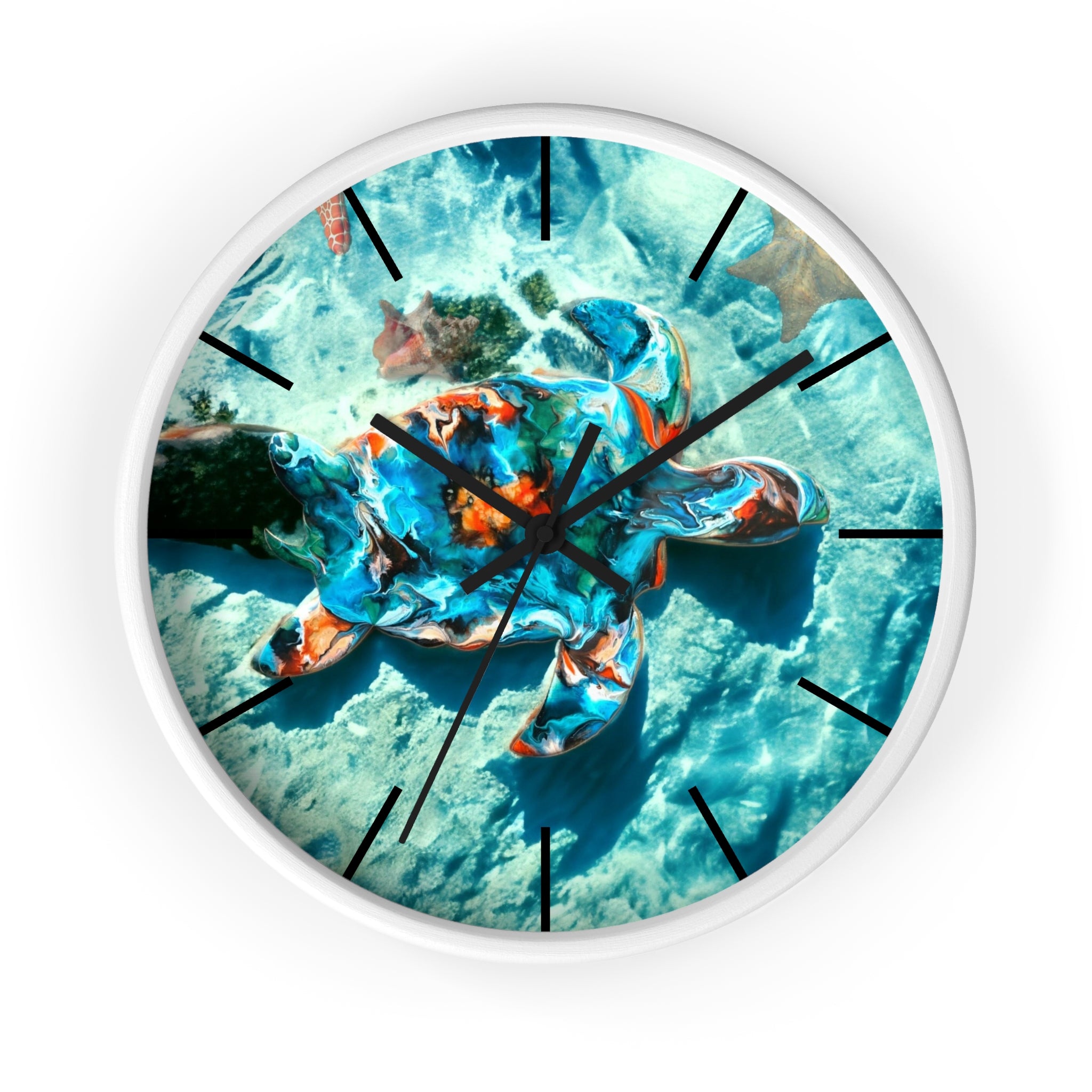 Tropical sea turtle wall clock featuring handmade resin art on wood frame, available in three colors.